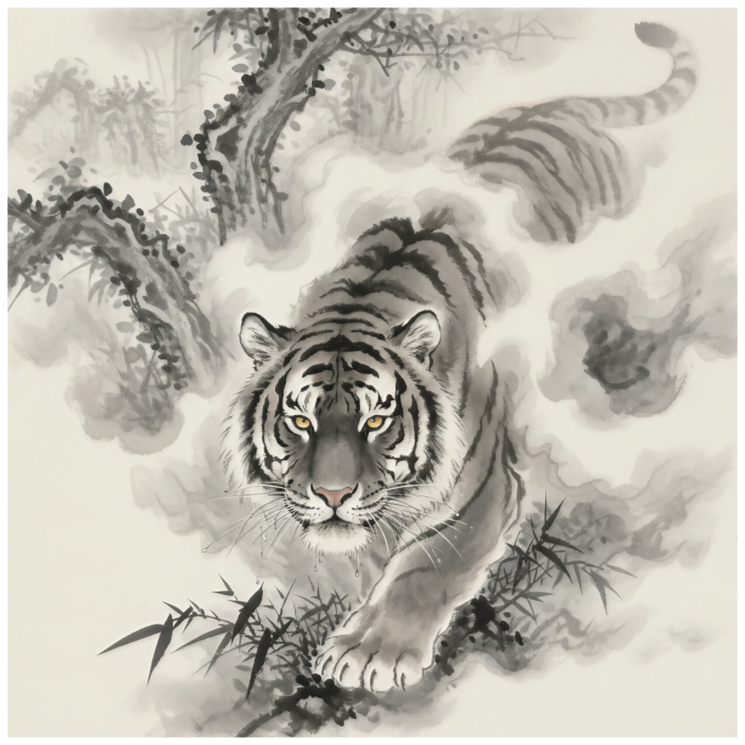 Main image Tiger in the Mist – Silent Strength: Monochrome Zen ink painting of a tiger emerging from soft mist, minimalist forest and bamboo strokes, fine art print on matte Hahnemühle cotton paper.