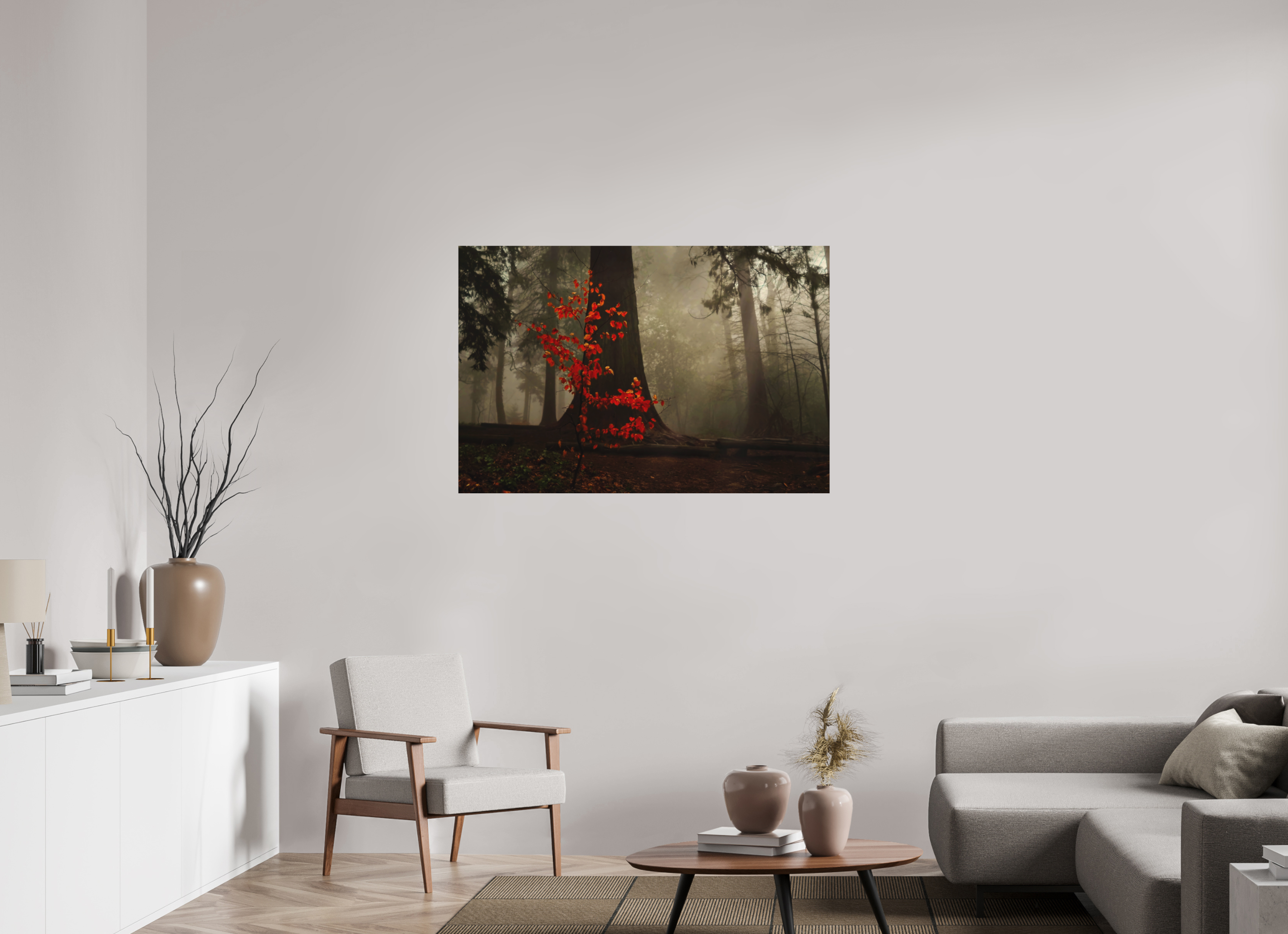 120 x 80 cm, Aluminum Dibond Red Tree in Mist – Atmospheric Fine Art Print