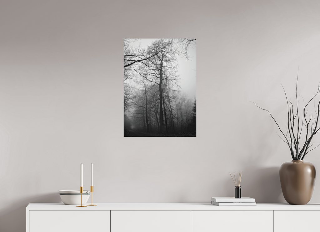 50 x 67,7 cm, Aluminum Dibond Fog Lines – A Path Through Quiet Woods
