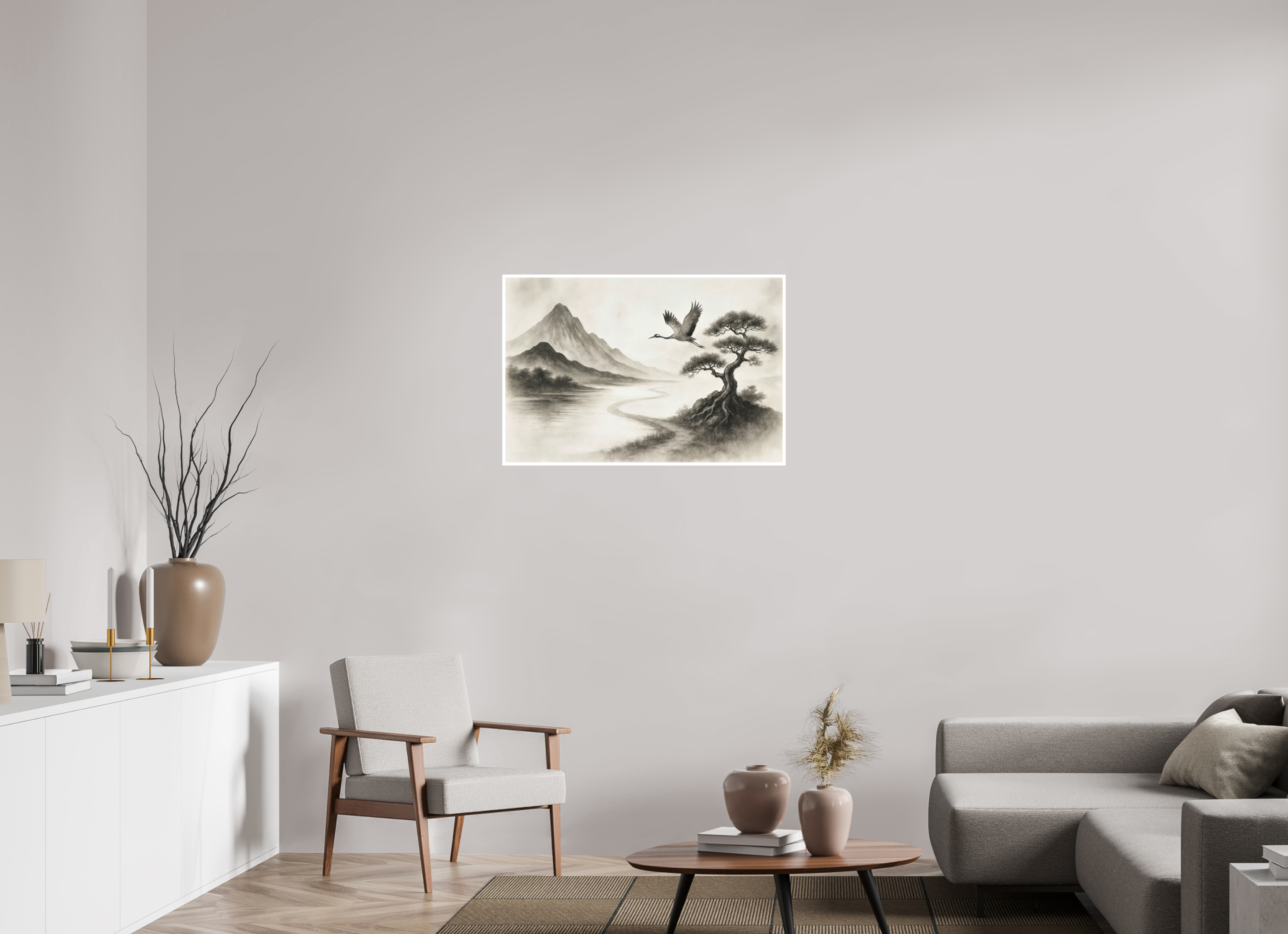90 x 60 cm, Poster Mountain of Quiet Grace – Ink Landscape Art Print