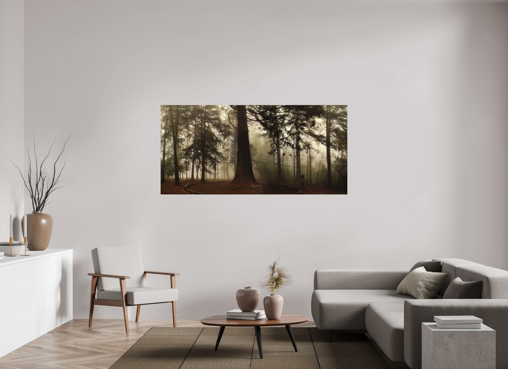 188,3 x 90 cm, Aluminum Dibond Misty Forest Tree – Atmospheric Fine Art Print