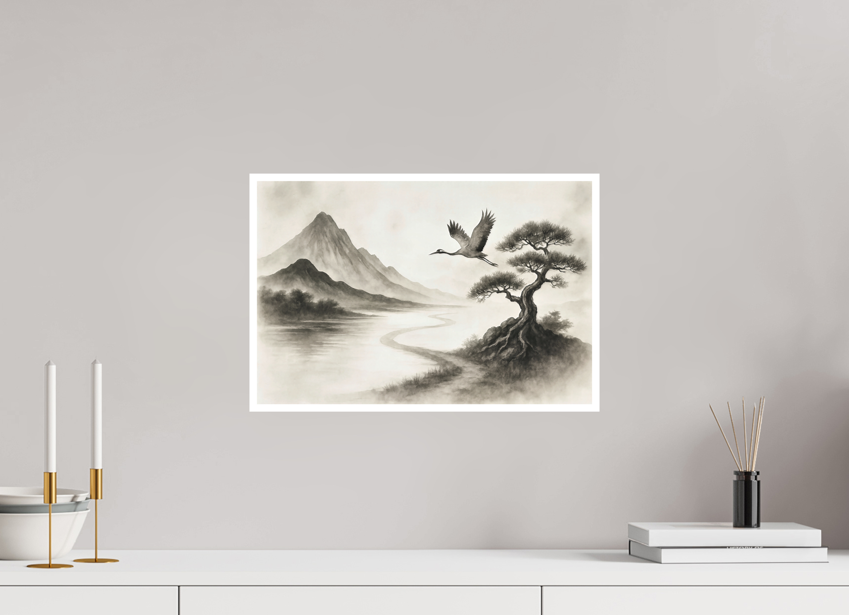 45 x 30 cm, Poster Mountain of Quiet Grace – Ink Landscape Art Print