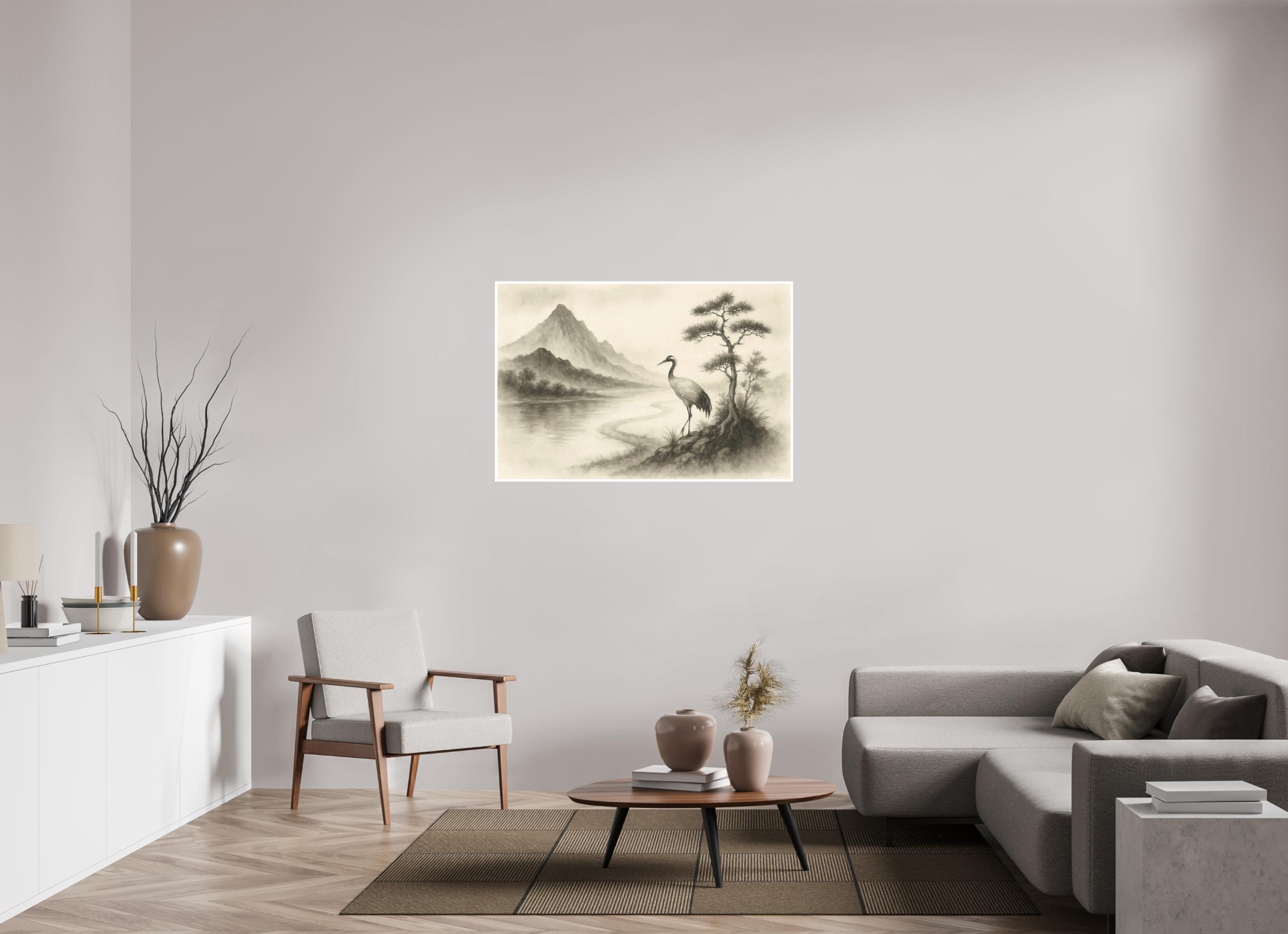 120 x 80 cm, Poster Crane by the Quiet River – Zen Ink Landscape