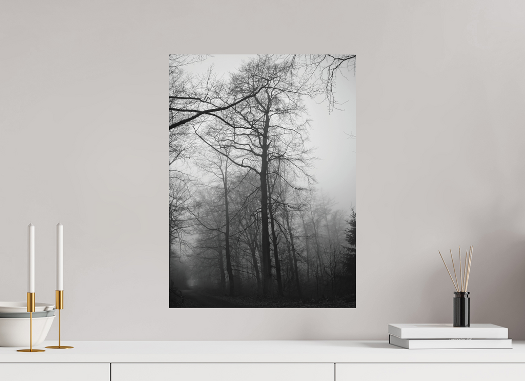 40 x 54,2 cm, Aluminum Dibond Fog Lines – A Path Through Quiet Woods