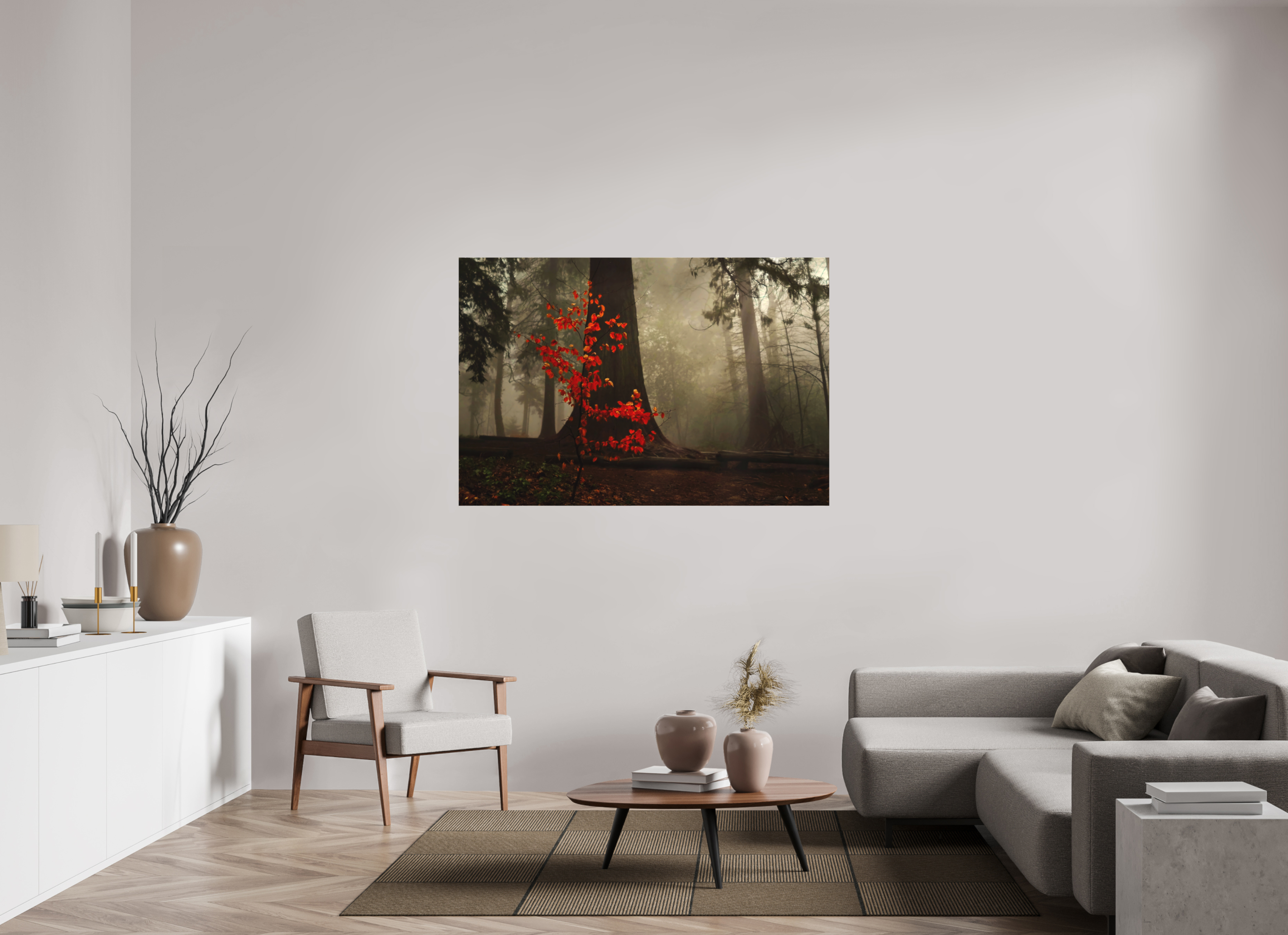 150 x 100 cm, Canvas Red Tree in Mist – Atmospheric Fine Art Print