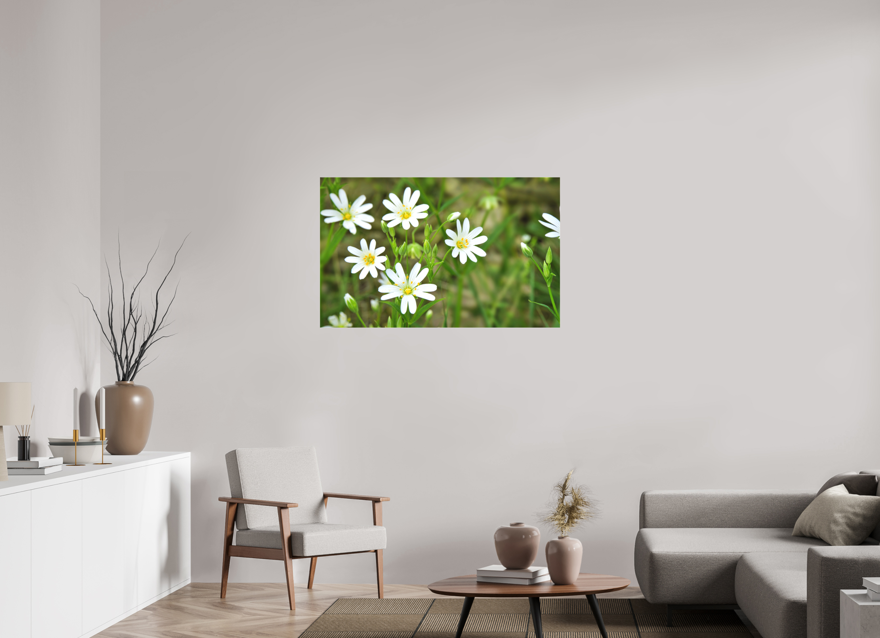 112,4 x 70 cm, Canvas The Silence of the Stitchwort – Botanical Elegance in Soft Green
