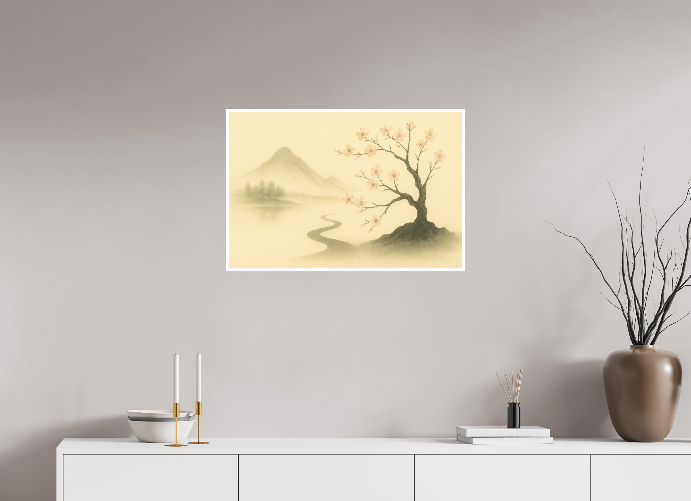 75 x 50 cm, Poster Blossom Path – Spring Light in the Mist