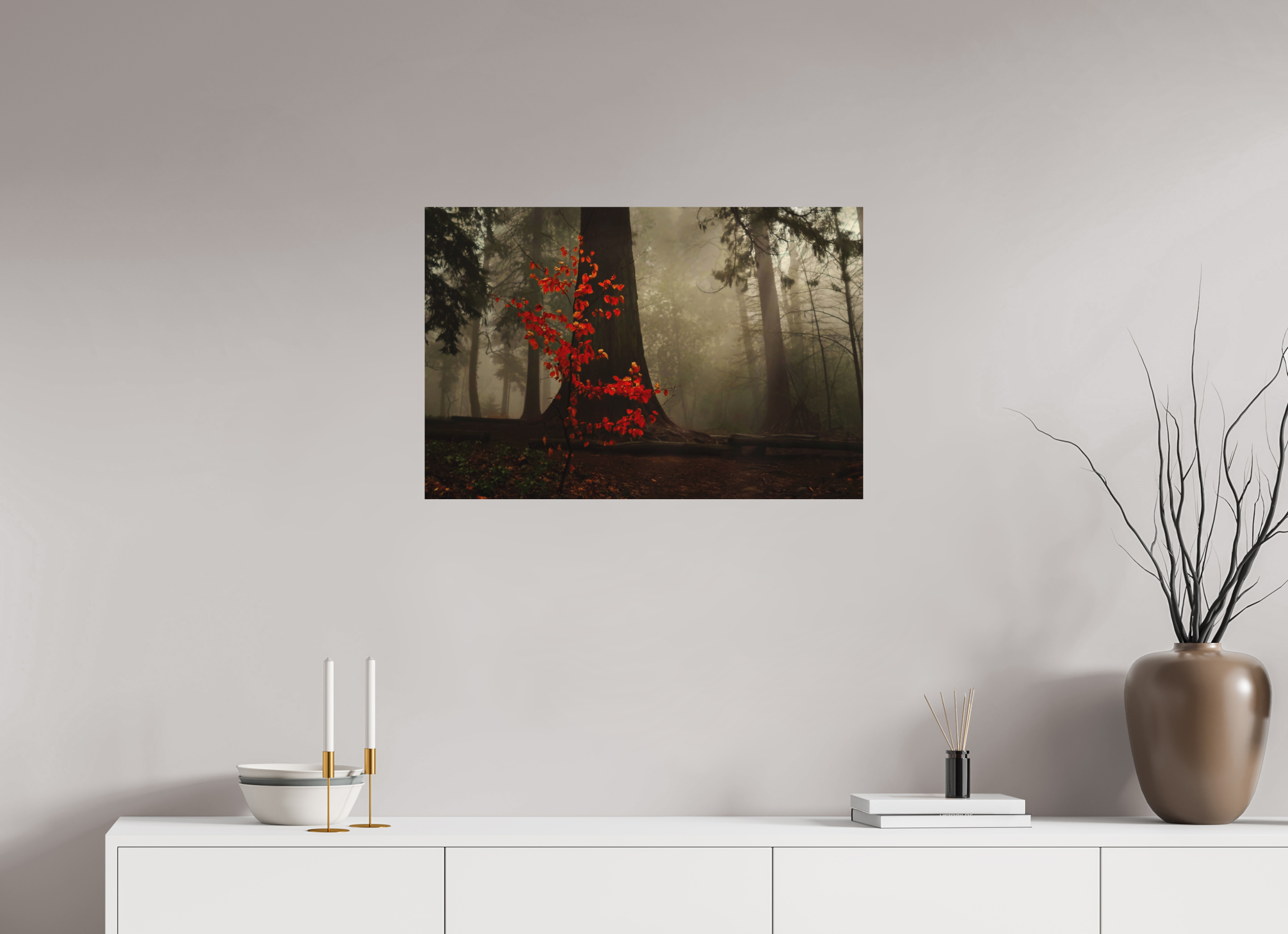 75 x 50 cm, Aluminum Dibond Red Tree in Mist – Atmospheric Fine Art Print