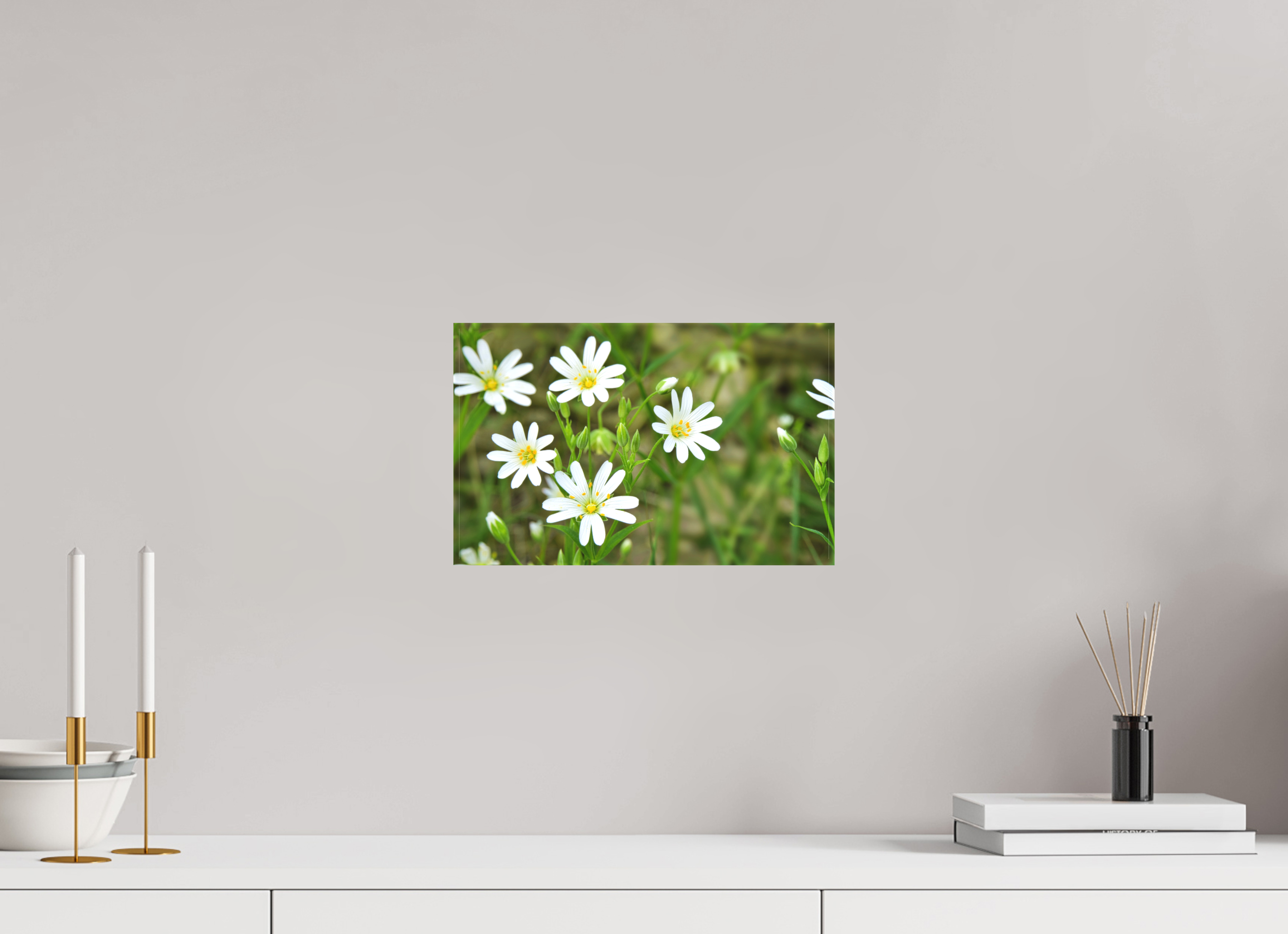 32,1 x 20 cm, Canvas The Silence of the Stitchwort – Botanical Elegance in Soft Green