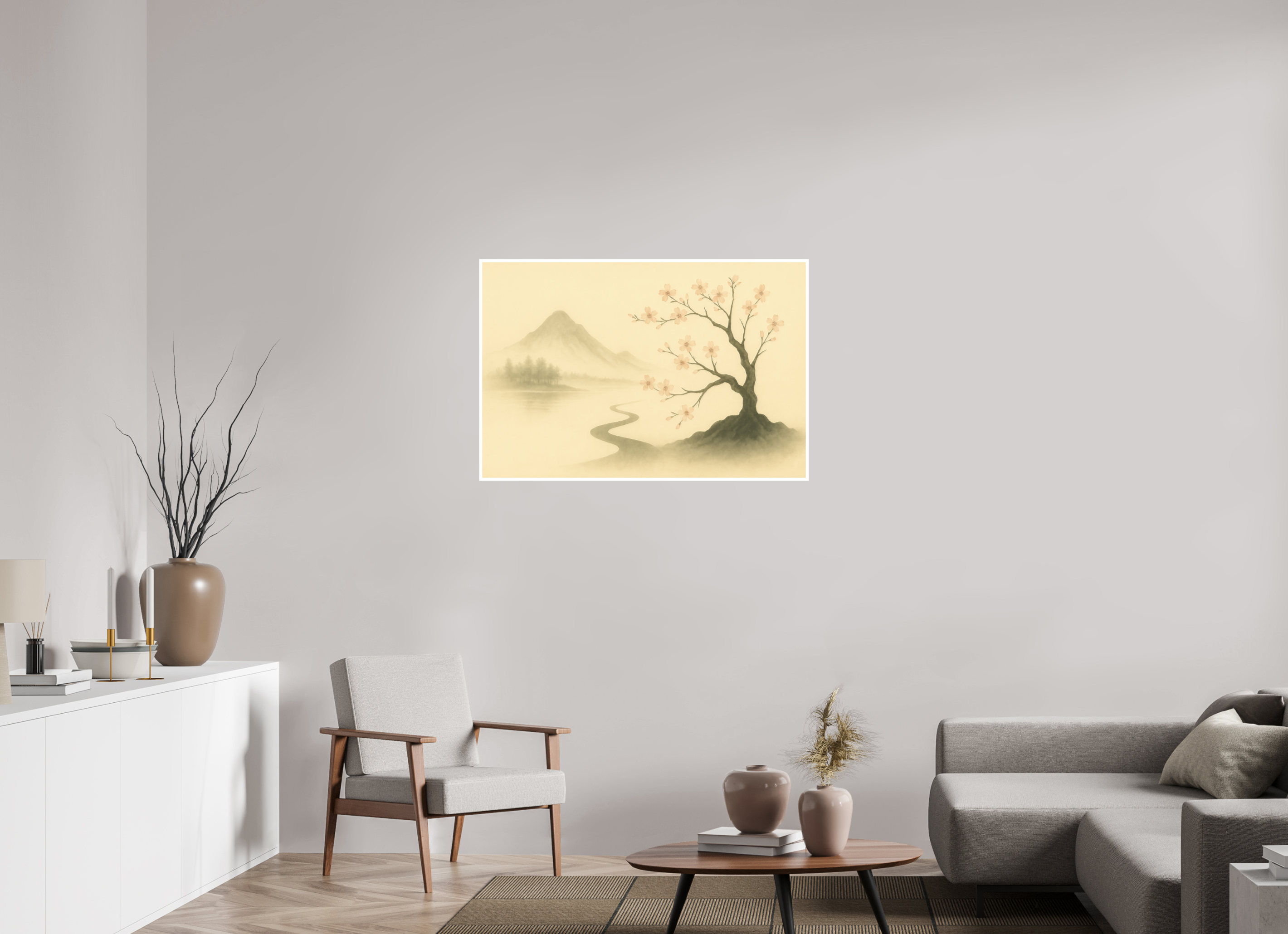105 x 70 cm, Poster Blossom Path – Spring Light in the Mist