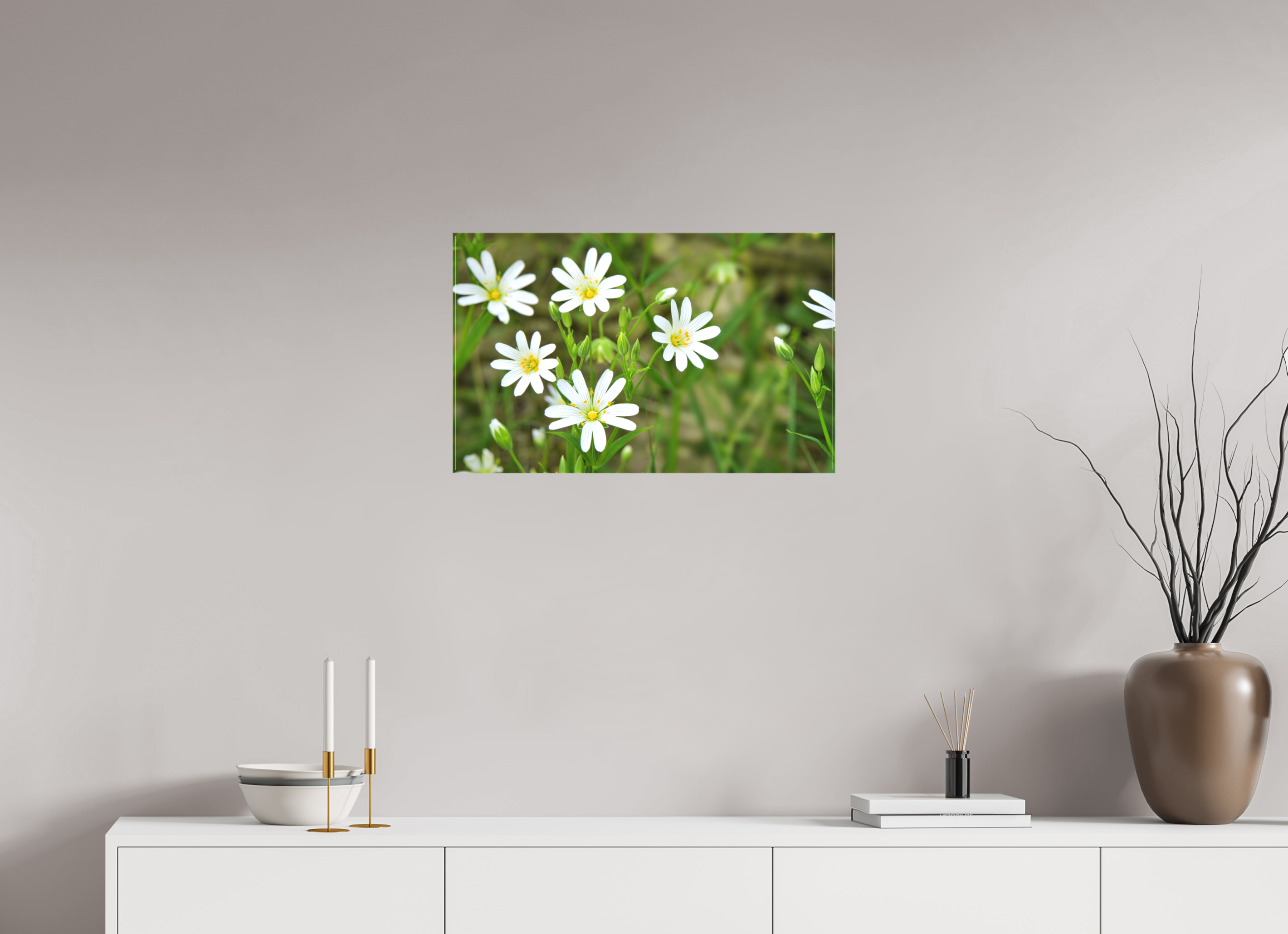 64,3 x 40 cm, Canvas The Silence of the Stitchwort – Botanical Elegance in Soft Green