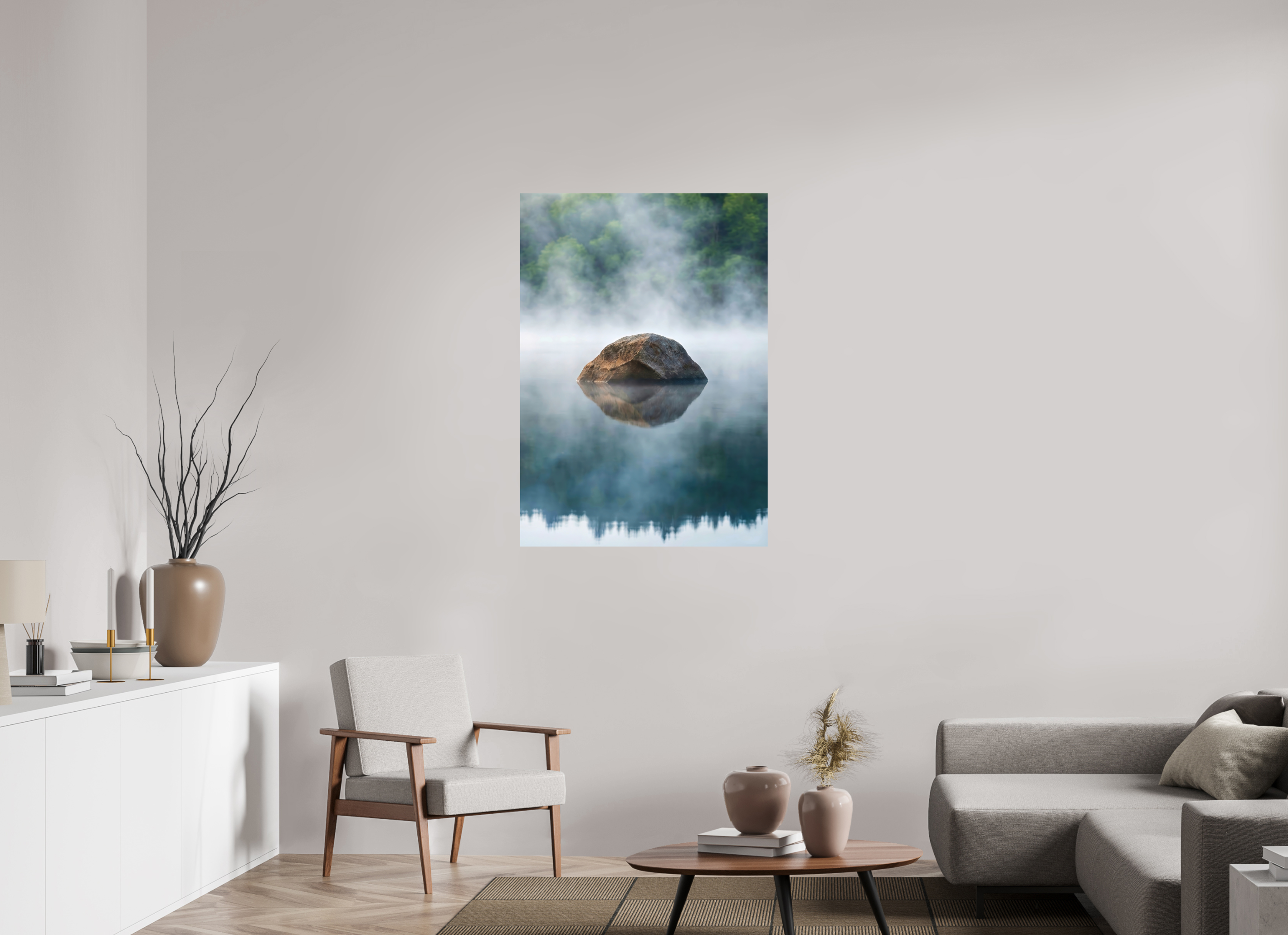 80 x 114,1 cm, Aluminum Dibond Stone in the Mist – Still Waters, Quiet Strength