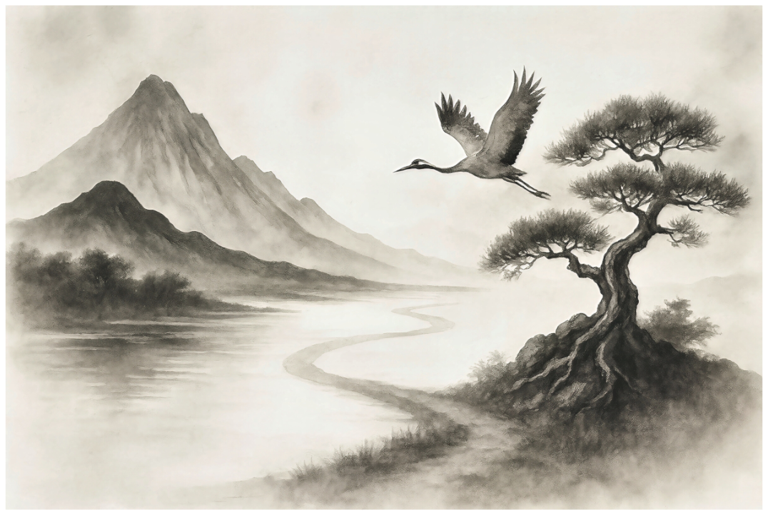 Main image Mountain of Quiet Grace – Ink Landscape Art Print: Minimalist Japanese sumi-e style ink painting of a solitary mountain rising through soft mist with a winding river and a crane in flight, monochrome wall art.
