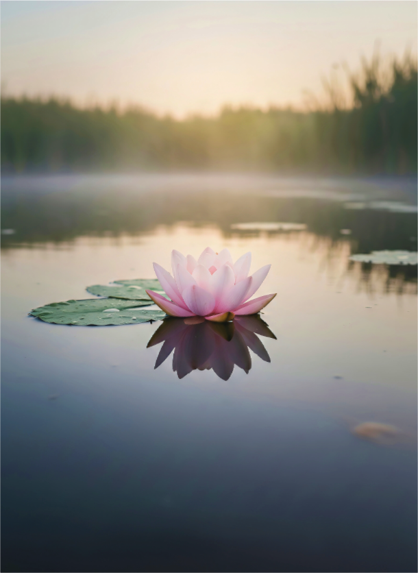 Main image Lily Dawn – Stillness Over Quiet Waters: Minimalist photography of a soft pink water lily on calm water with morning mist and forest silhouettes, available as premium Alu-Dibond or Canvas wall art.