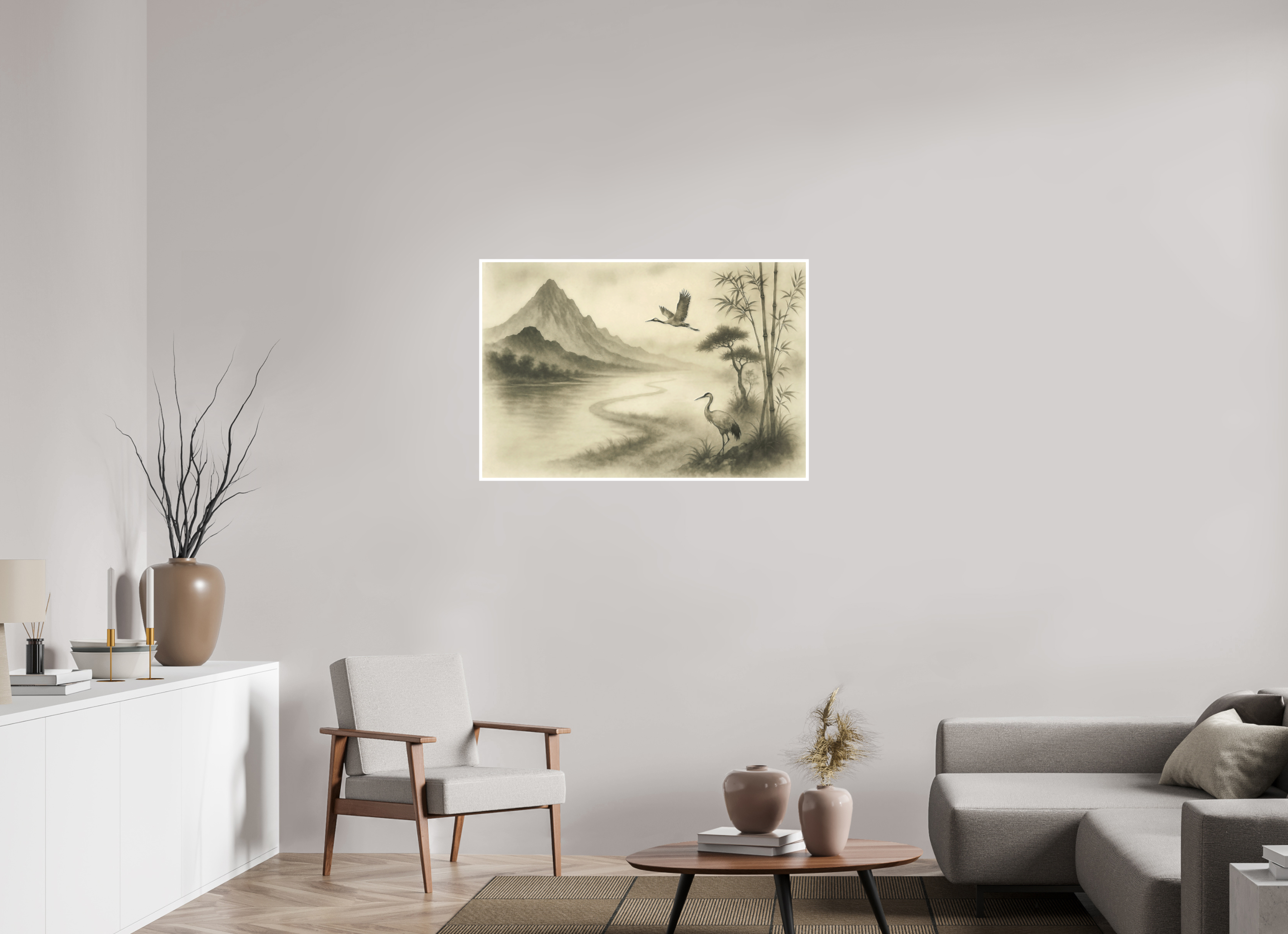 105 x 70 cm, Poster Cranes in the Mist – Zen Ink Landscape