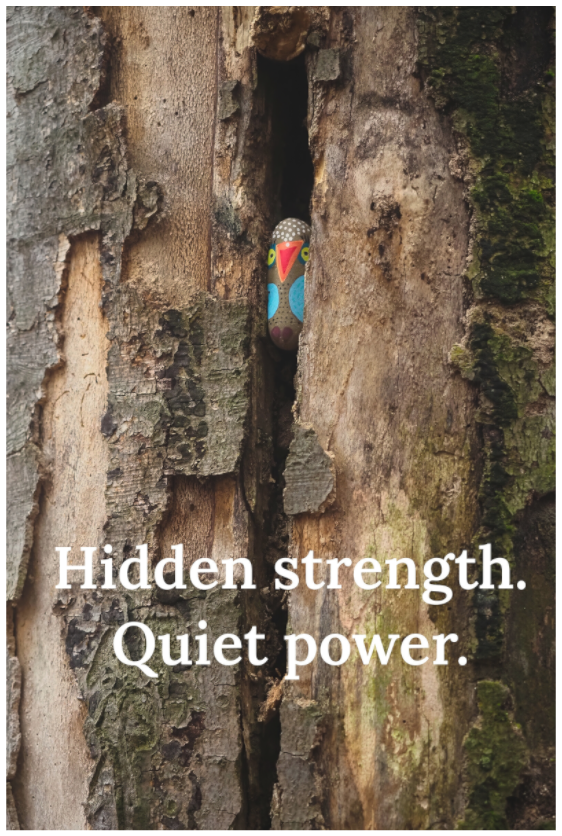 Main image Hidden Strength in the Old Tree: Macro photography of a colorful hand-painted bird stone nestled deep within textured tree bark, printed on matte Hahnemühle cotton paper for nature-inspired decor.