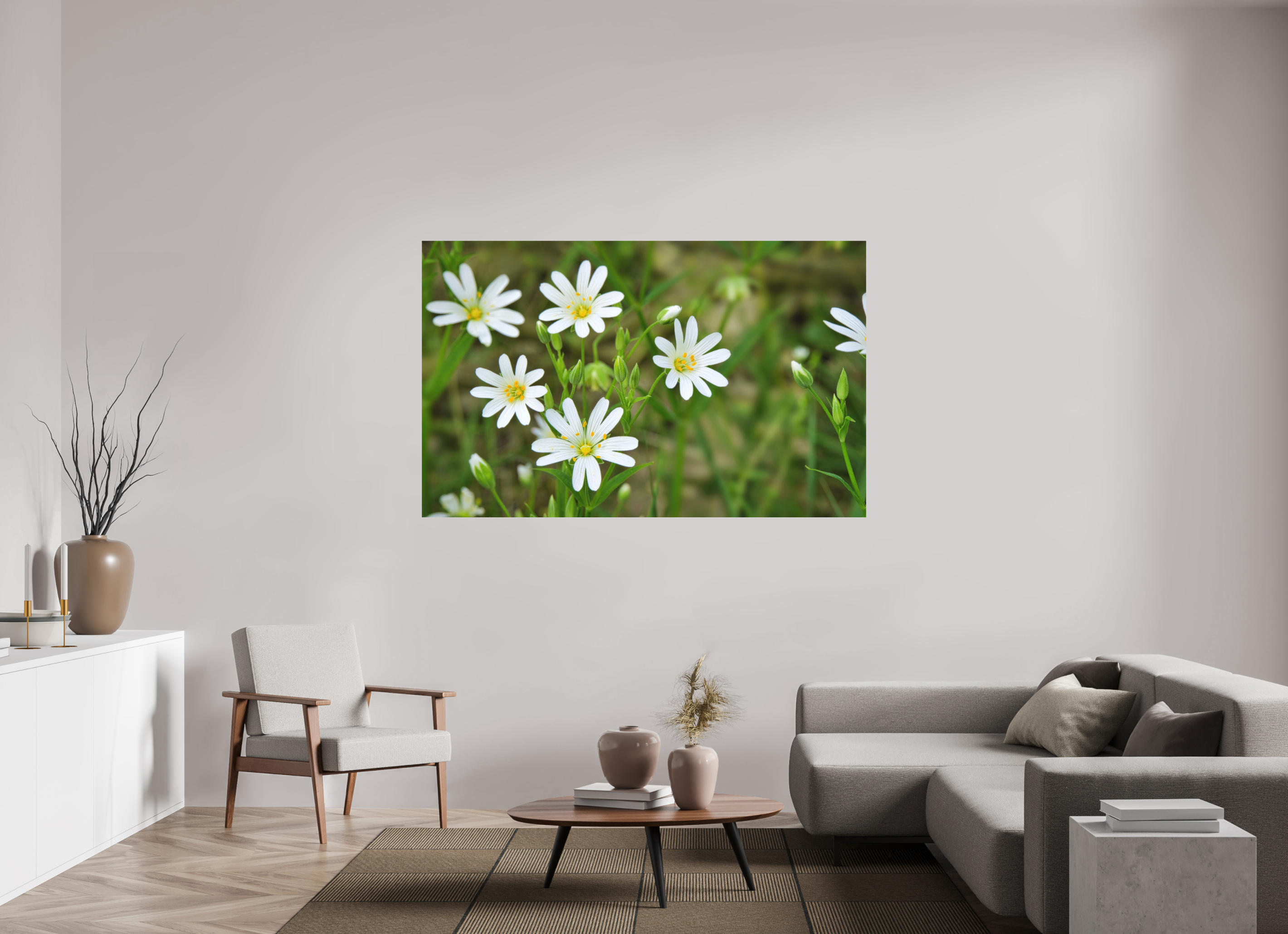 176,7 x 110 cm, Aluminum Dibond The Silence of the Stitchwort – Botanical Elegance in Soft Green