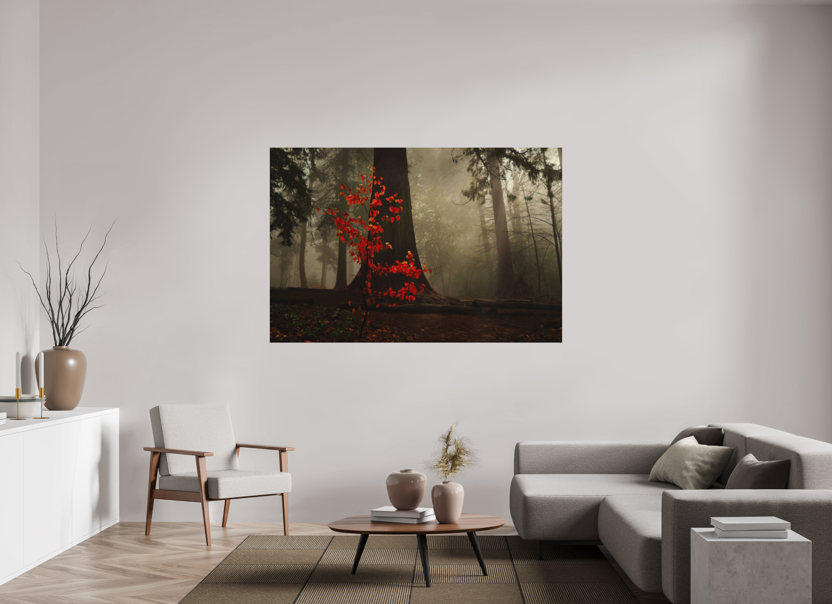 180 x 120 cm, Aluminum Dibond Red Tree in Mist – Atmospheric Fine Art Print