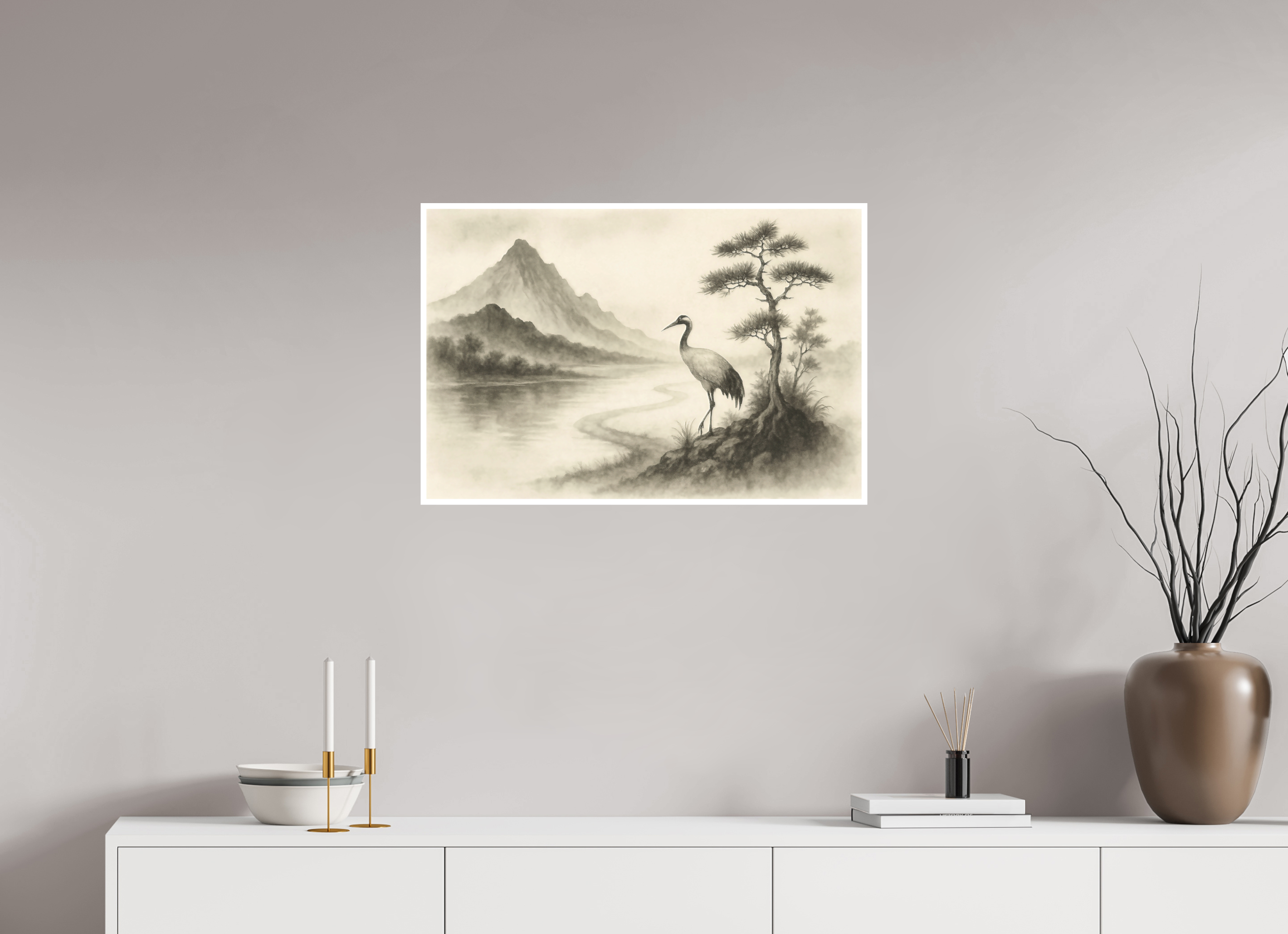 75 x 50 cm, Poster Crane by the Quiet River – Zen Ink Landscape
