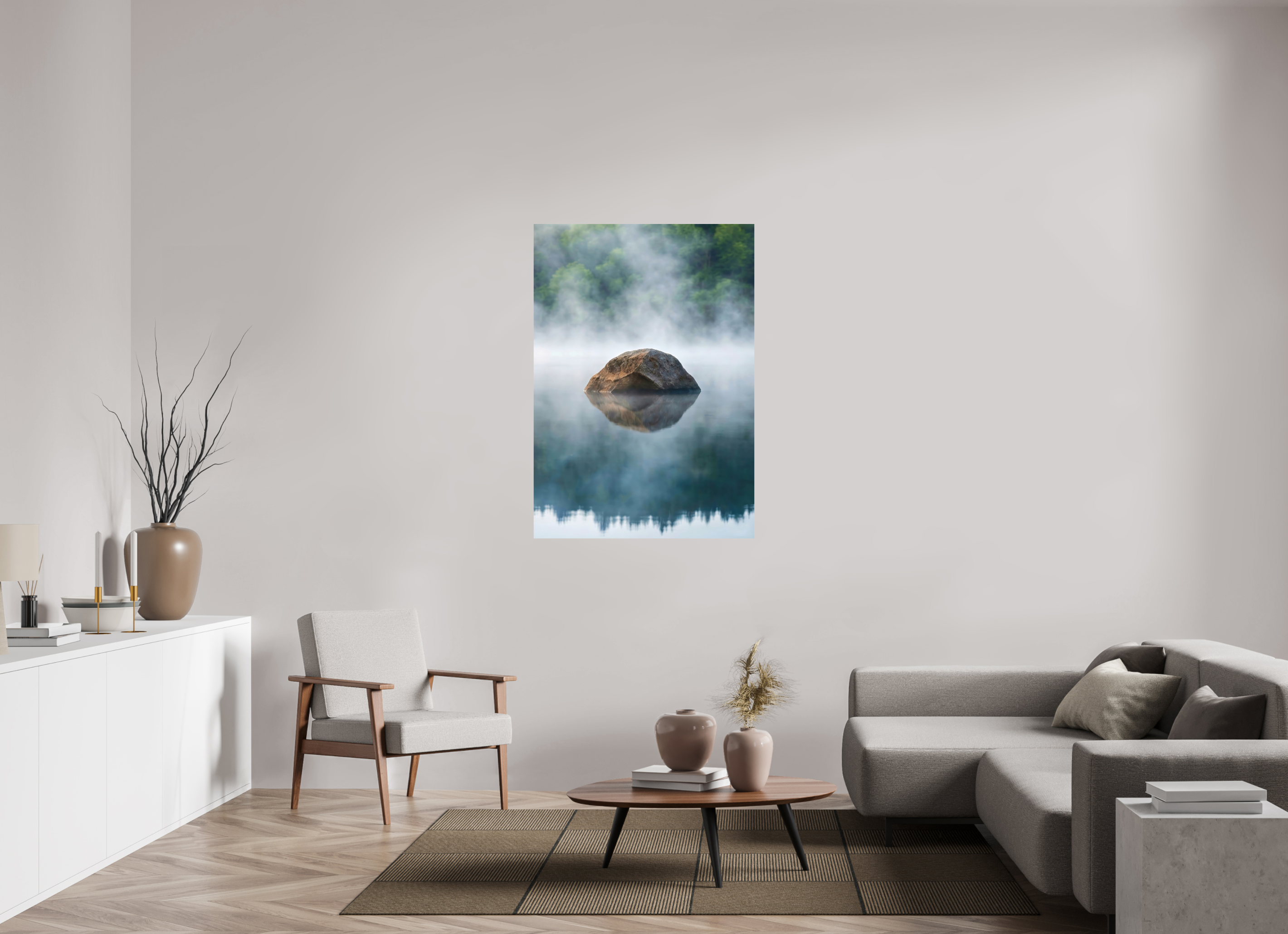 90 x 128,3 cm, Aluminum Dibond Stone in the Mist – Still Waters, Quiet Strength