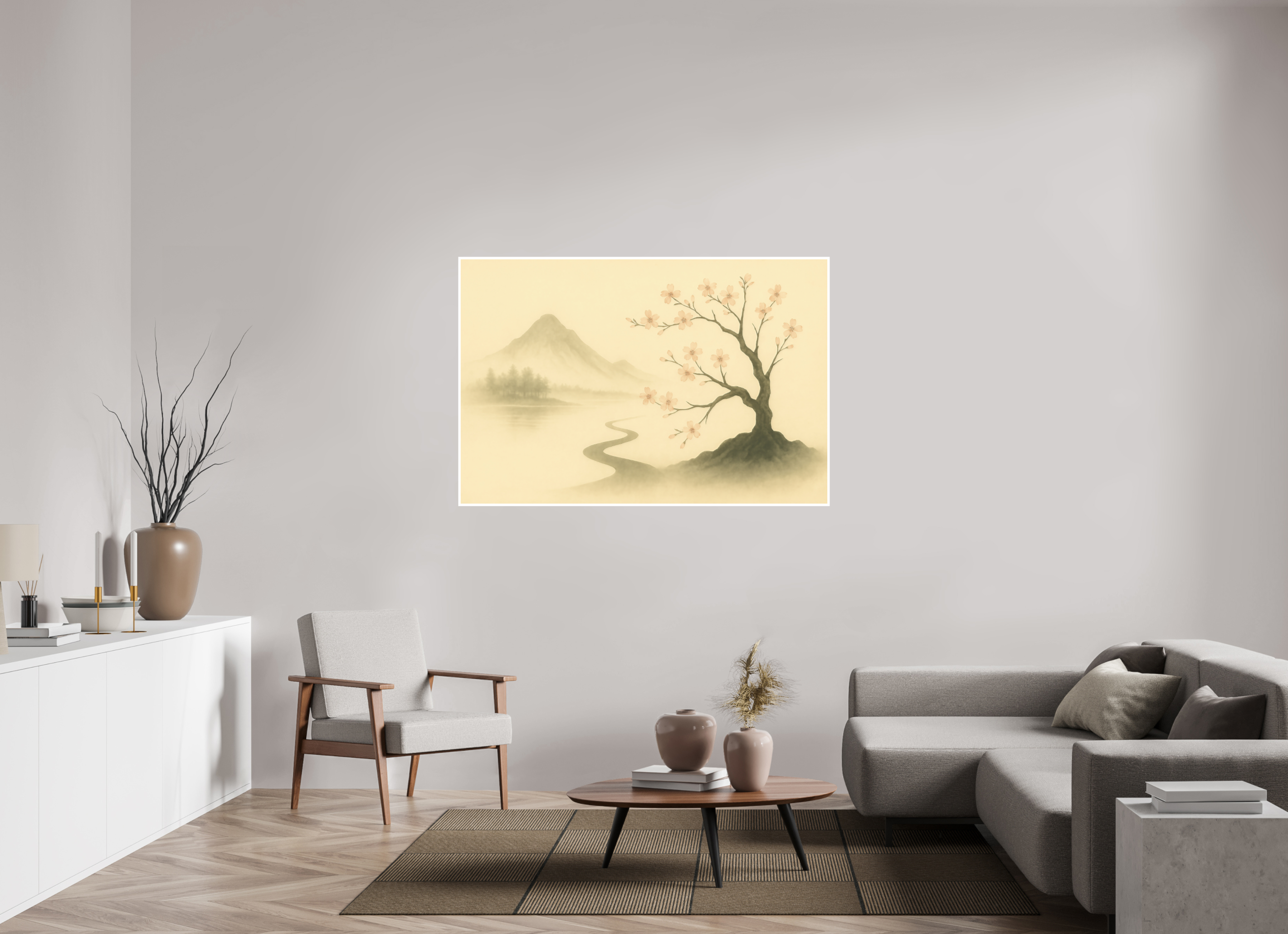 150 x 100 cm, Poster Blossom Path – Spring Light in the Mist