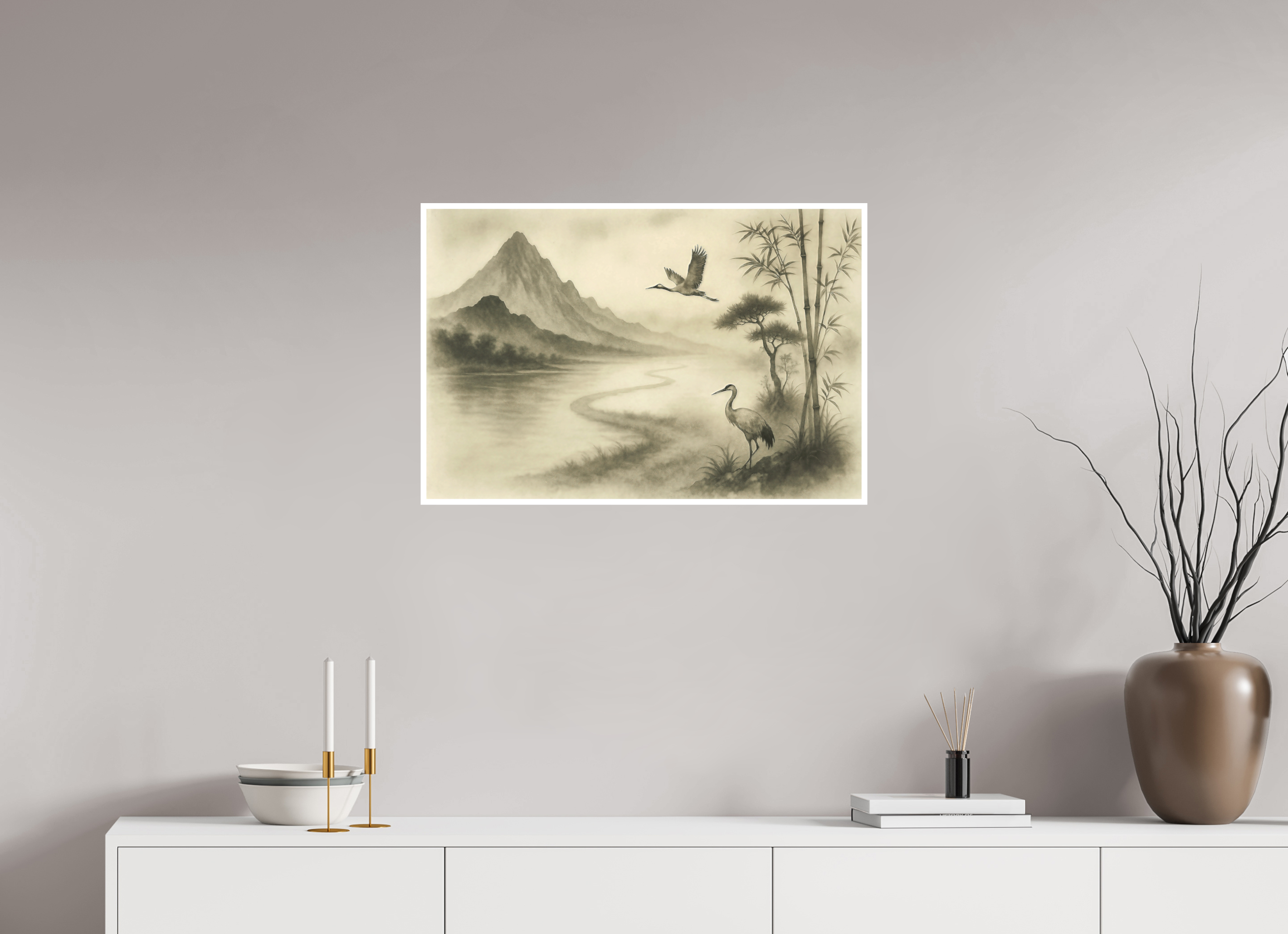 75 x 50 cm, Poster Cranes in the Mist – Zen Ink Landscape