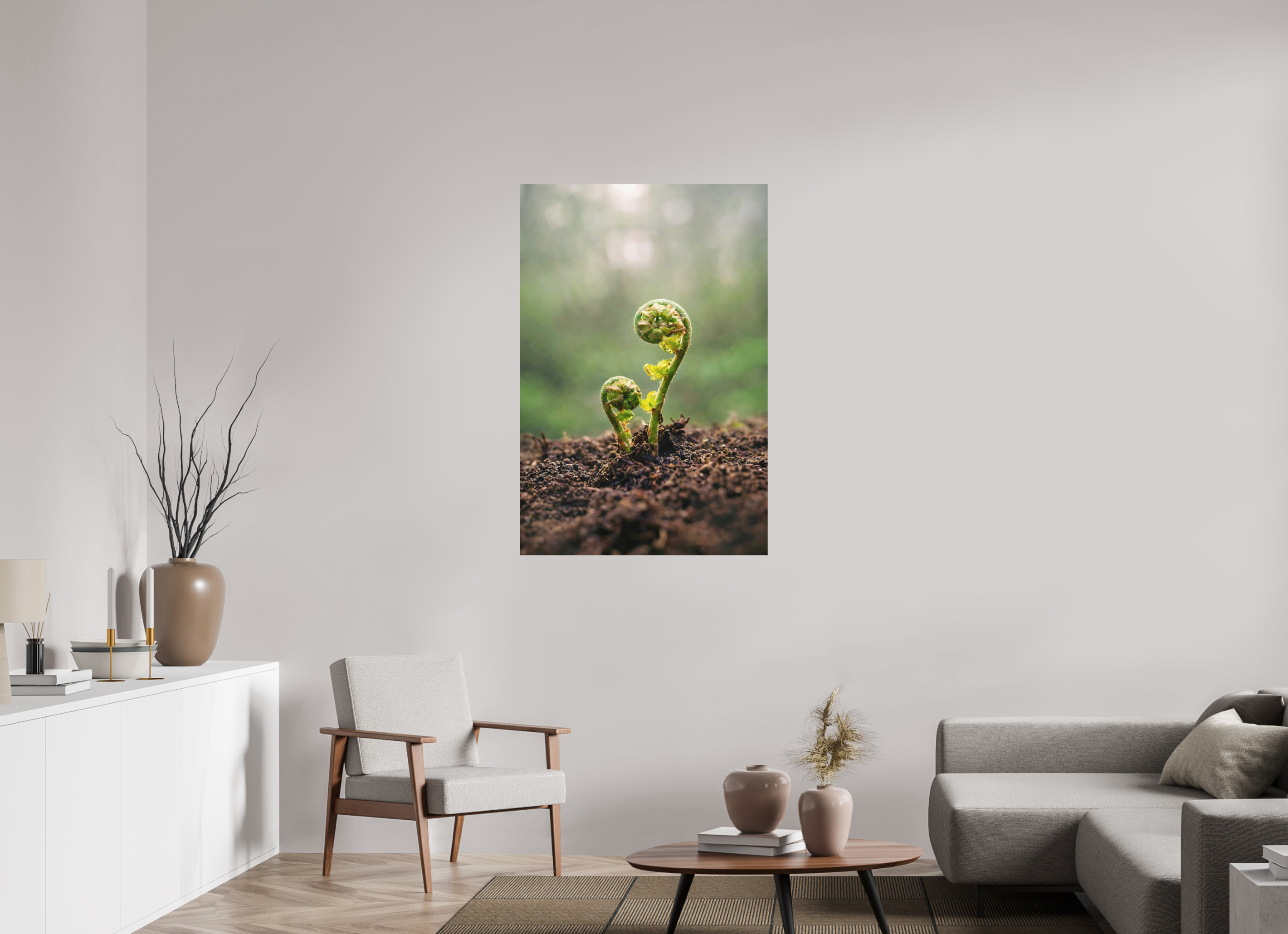 80 x 120 cm, Aluminum Dibond Fiddlehead Twins – Emerging Forest Life