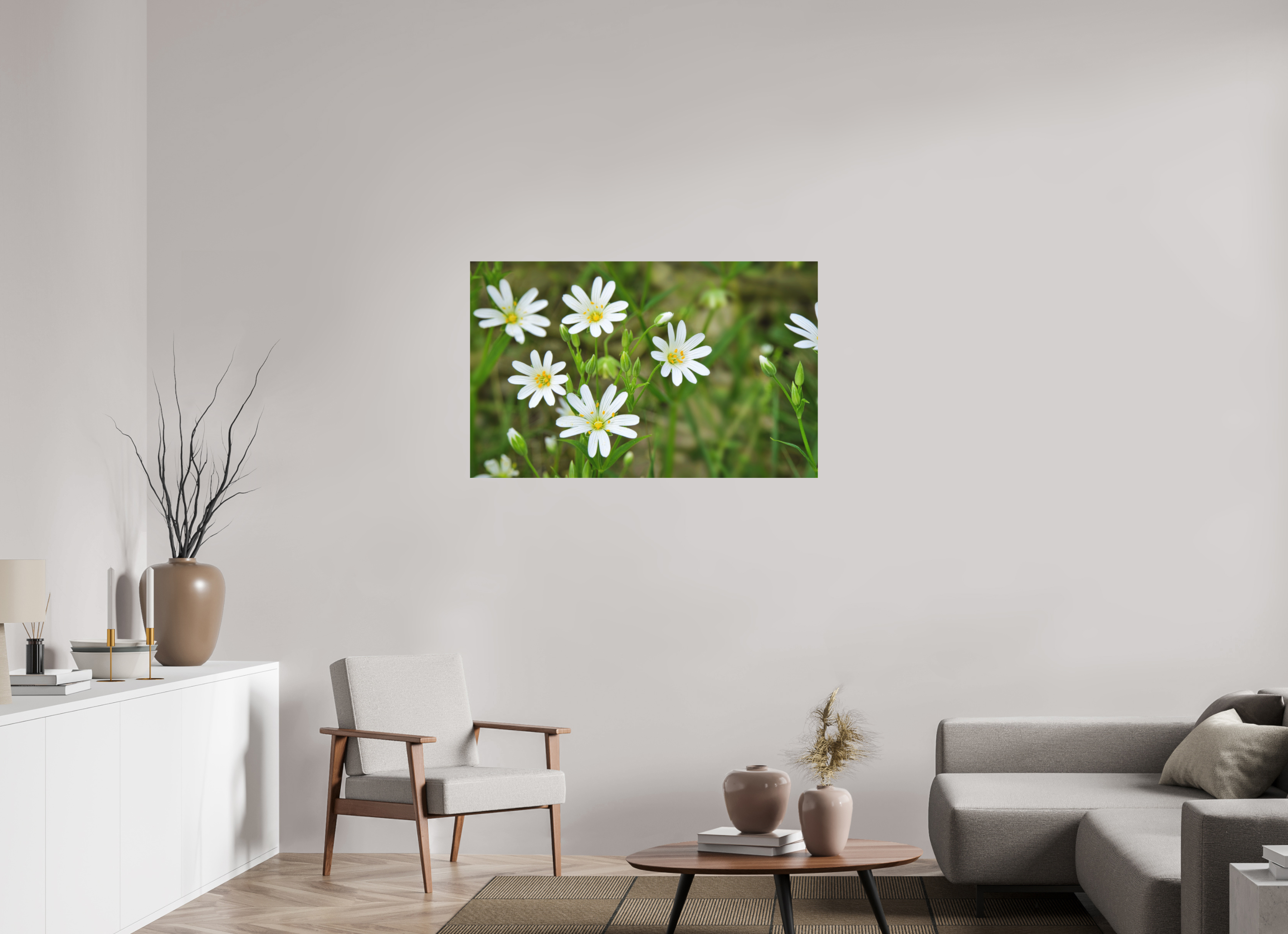 112,4 x 70 cm, Aluminum Dibond The Silence of the Stitchwort – Botanical Elegance in Soft Green