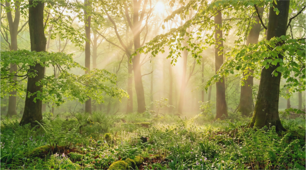 Main image Forest Light – Morning Rays Through the Green: Atmospheric nature photography of golden morning sun rays breaking through green forest trees, available as premium Alu-Dibond or Canvas wall art print.
