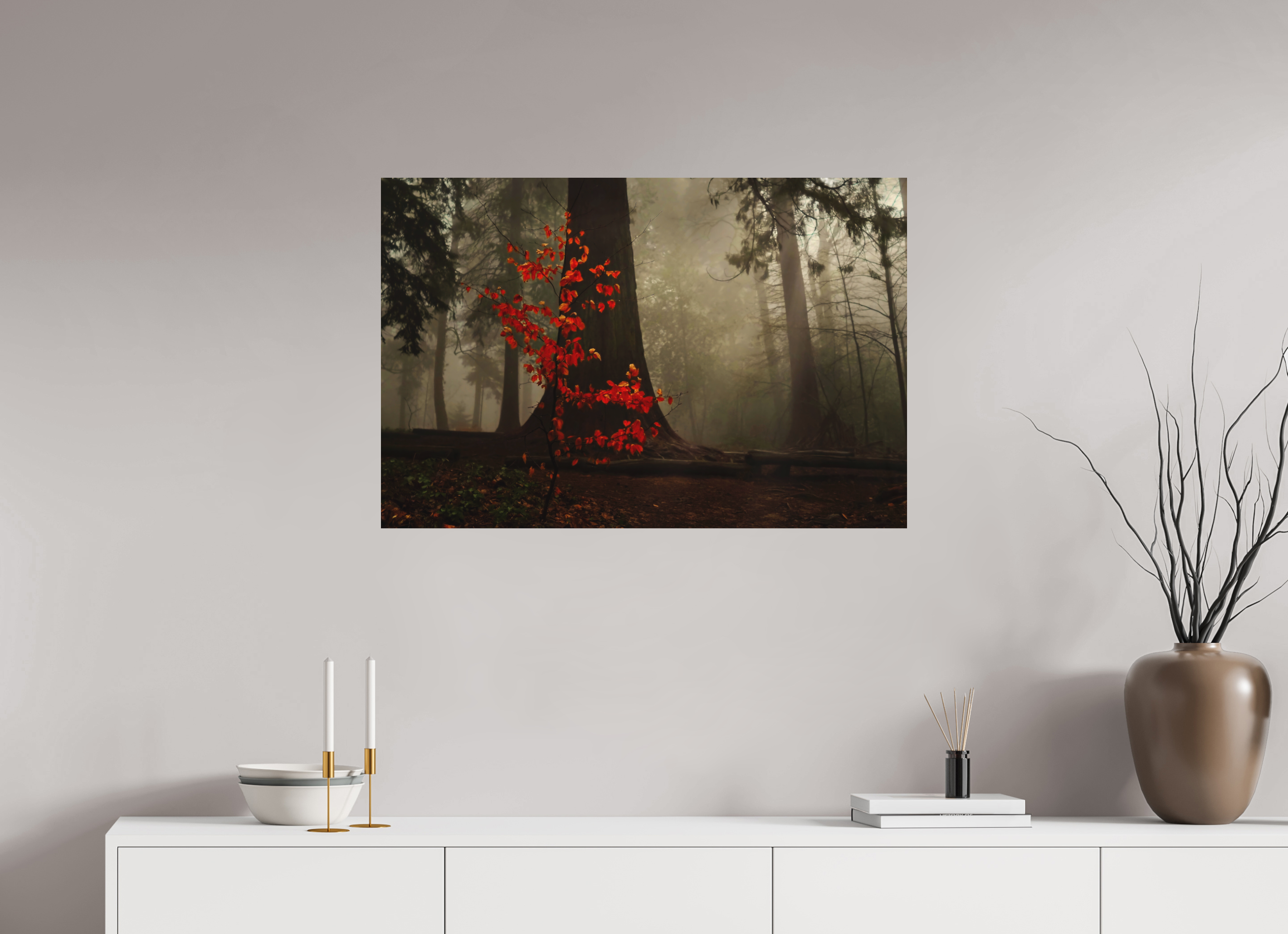 90 x 60 cm, Aluminum Dibond Red Tree in Mist – Atmospheric Fine Art Print
