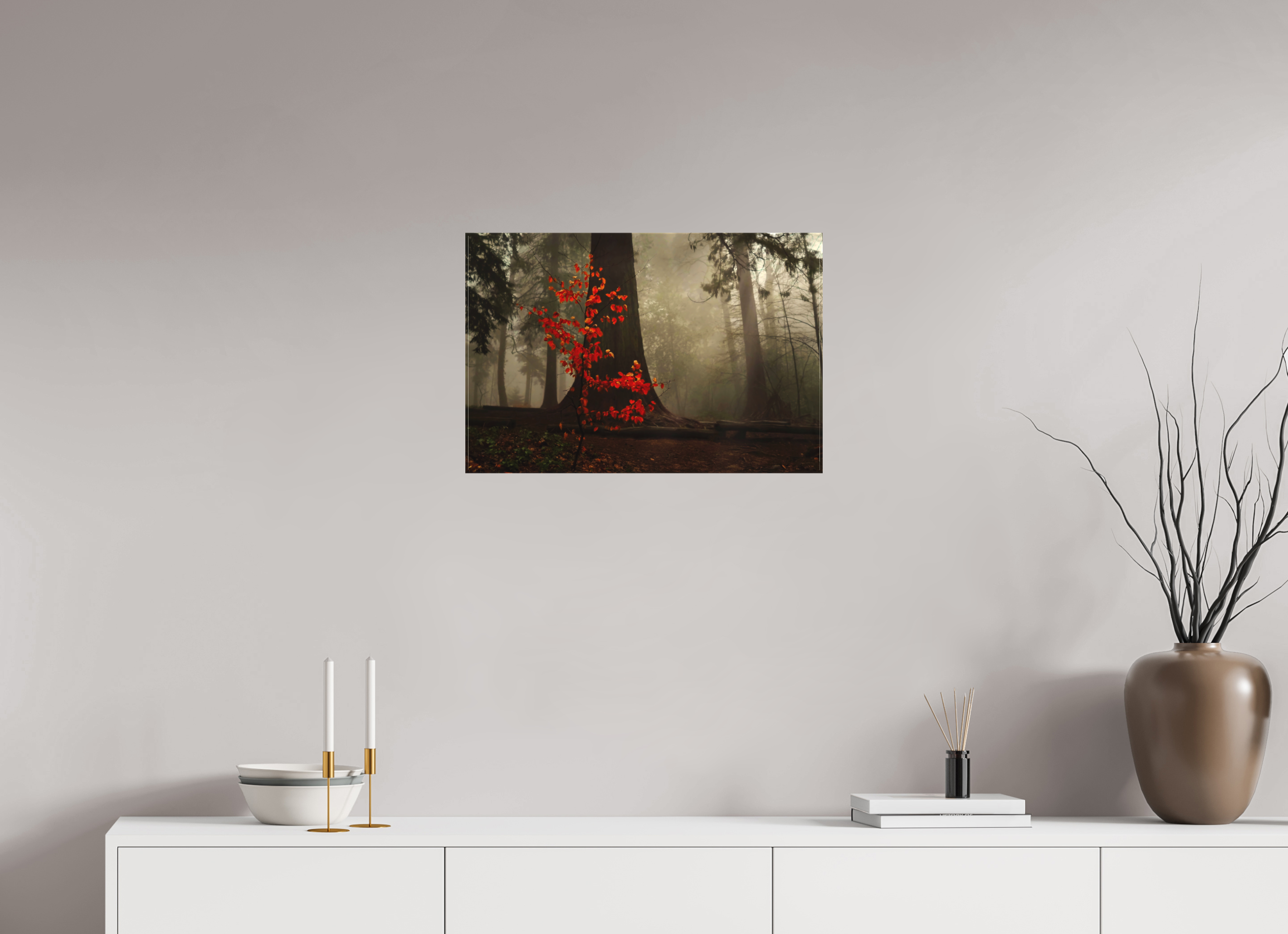 60 x 40 cm, Canvas Red Tree in Mist – Atmospheric Fine Art Print