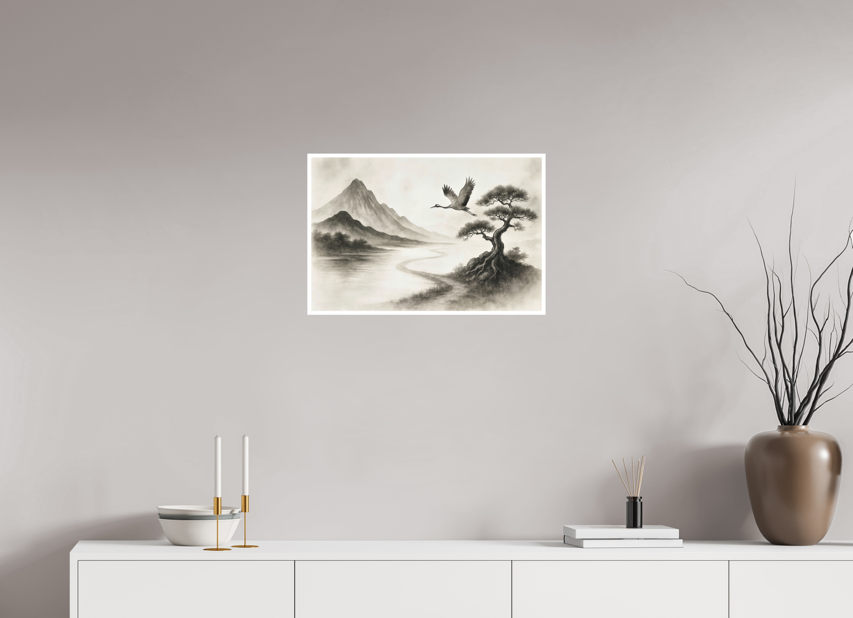 60 x 40 cm, Poster Mountain of Quiet Grace – Ink Landscape Art Print