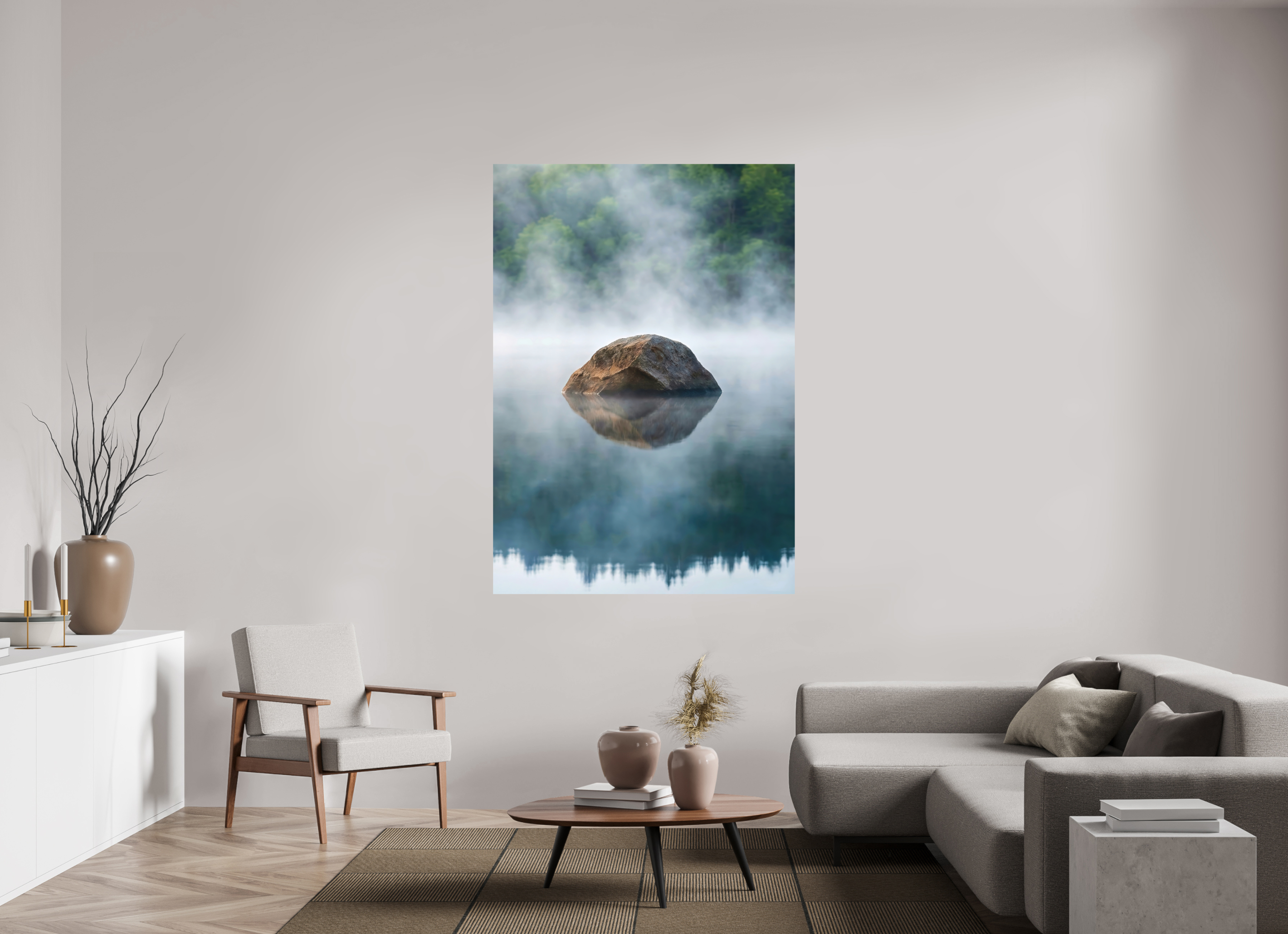 120 x 171,1 cm, Aluminum Dibond Stone in the Mist – Still Waters, Quiet Strength