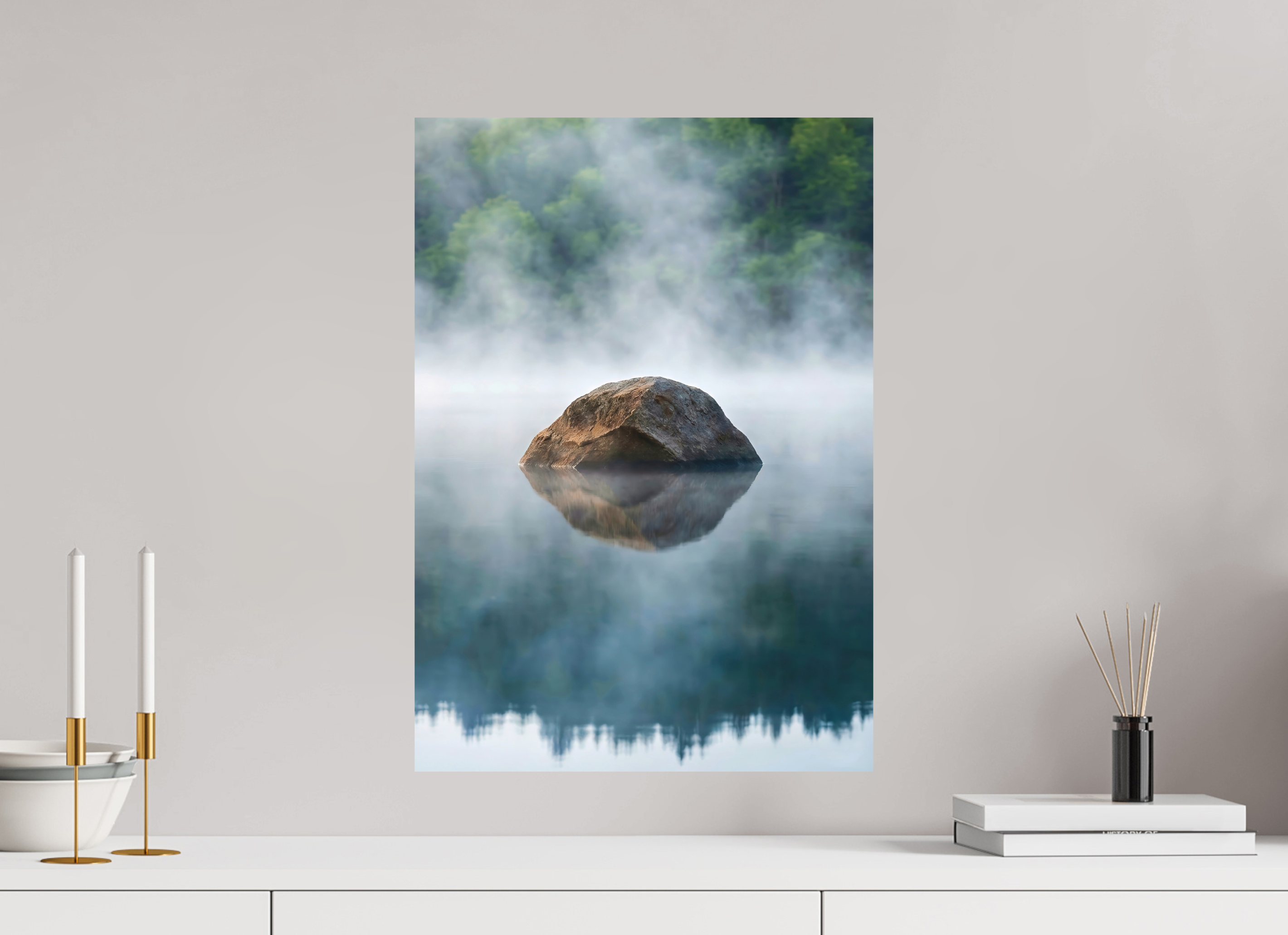 40 x 57 cm, Aluminum Dibond Stone in the Mist – Still Waters, Quiet Strength