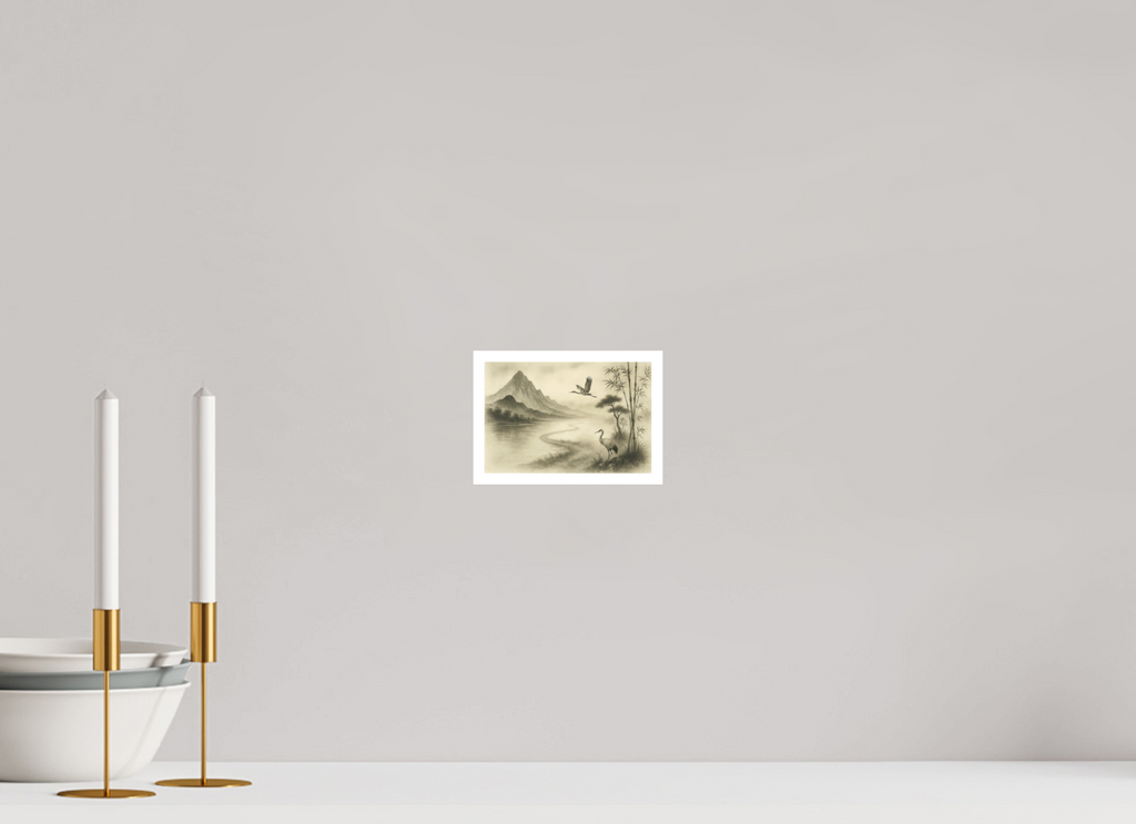 15 x 10 cm, Poster Cranes in the Mist – Zen Ink Landscape