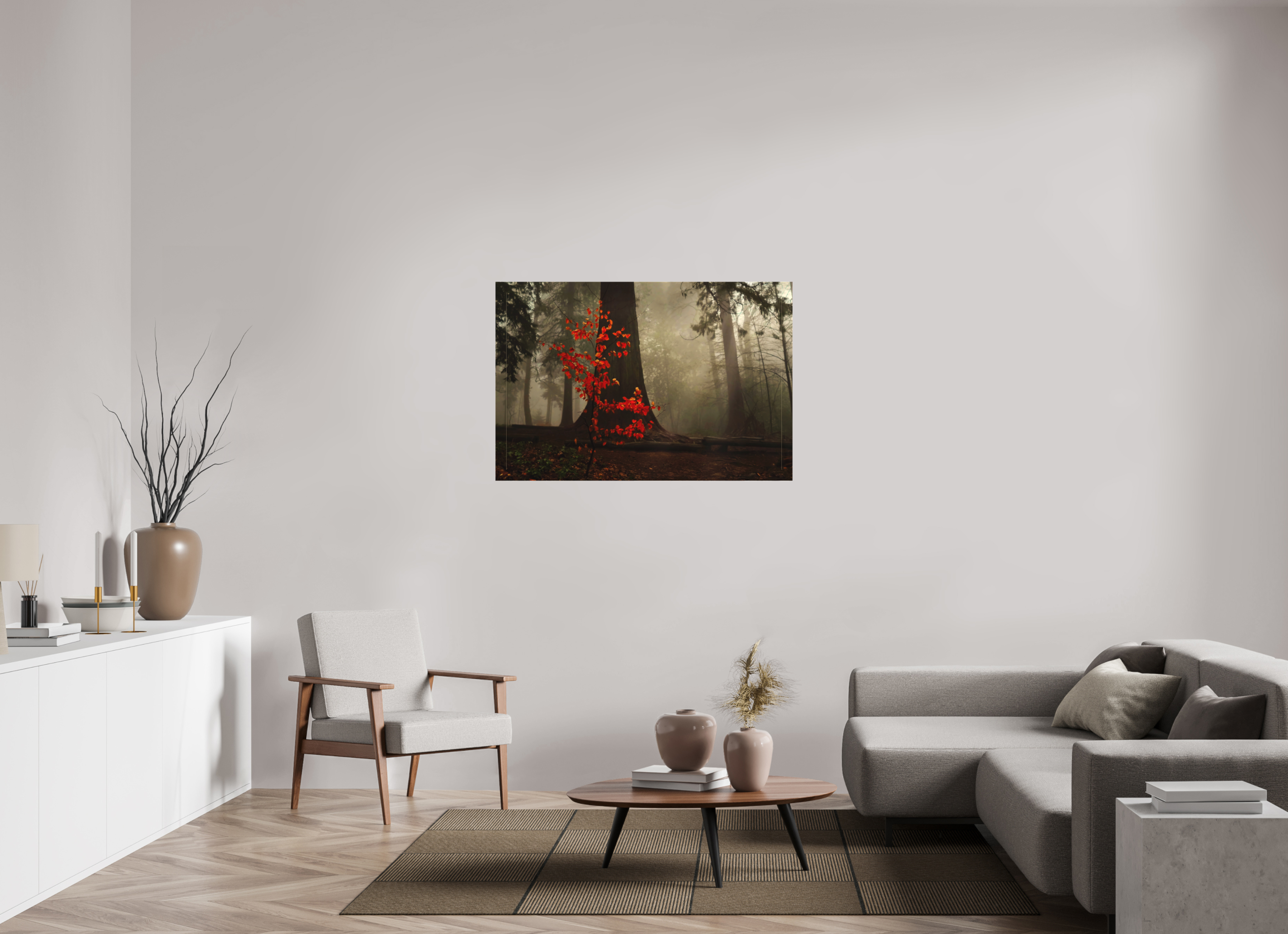 120 x 80 cm, Canvas Red Tree in Mist – Atmospheric Fine Art Print