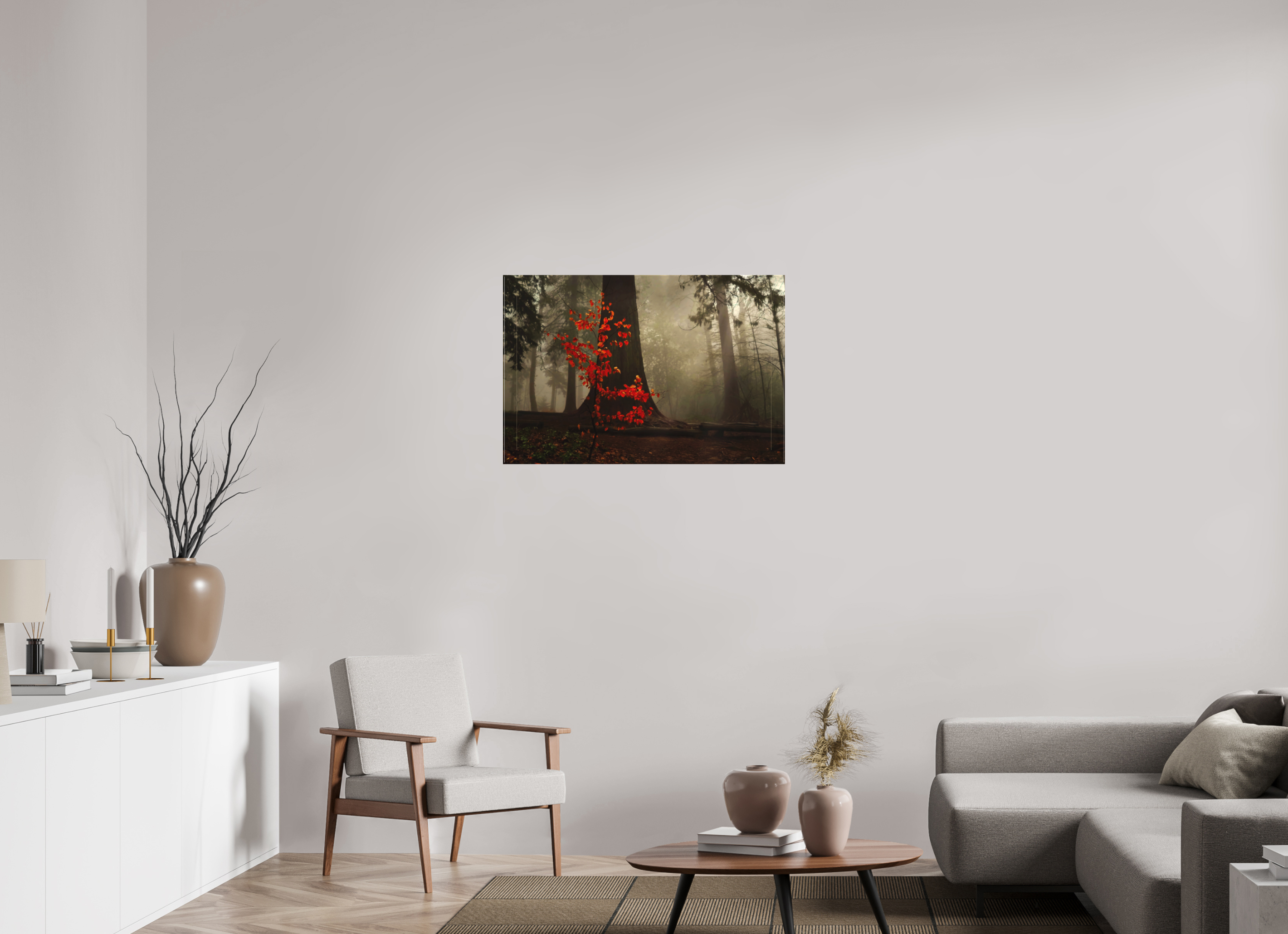 90 x 60 cm, Canvas Red Tree in Mist – Atmospheric Fine Art Print