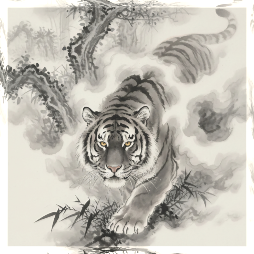 Main image Tiger of the Quiet Forest: A majestic tiger emerging from a misty forest in traditional ink style, mounted on a luminous 25mm acrylic art block for minimalist desk and shelf decor.
