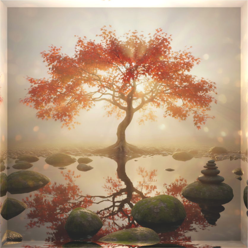 Main image Tree of Stillness: Autumn tree with vibrant orange leaves reflected in calm water with balanced mossy stones in the foreground, mounted on a high-clarity acrylic block for zen decor.