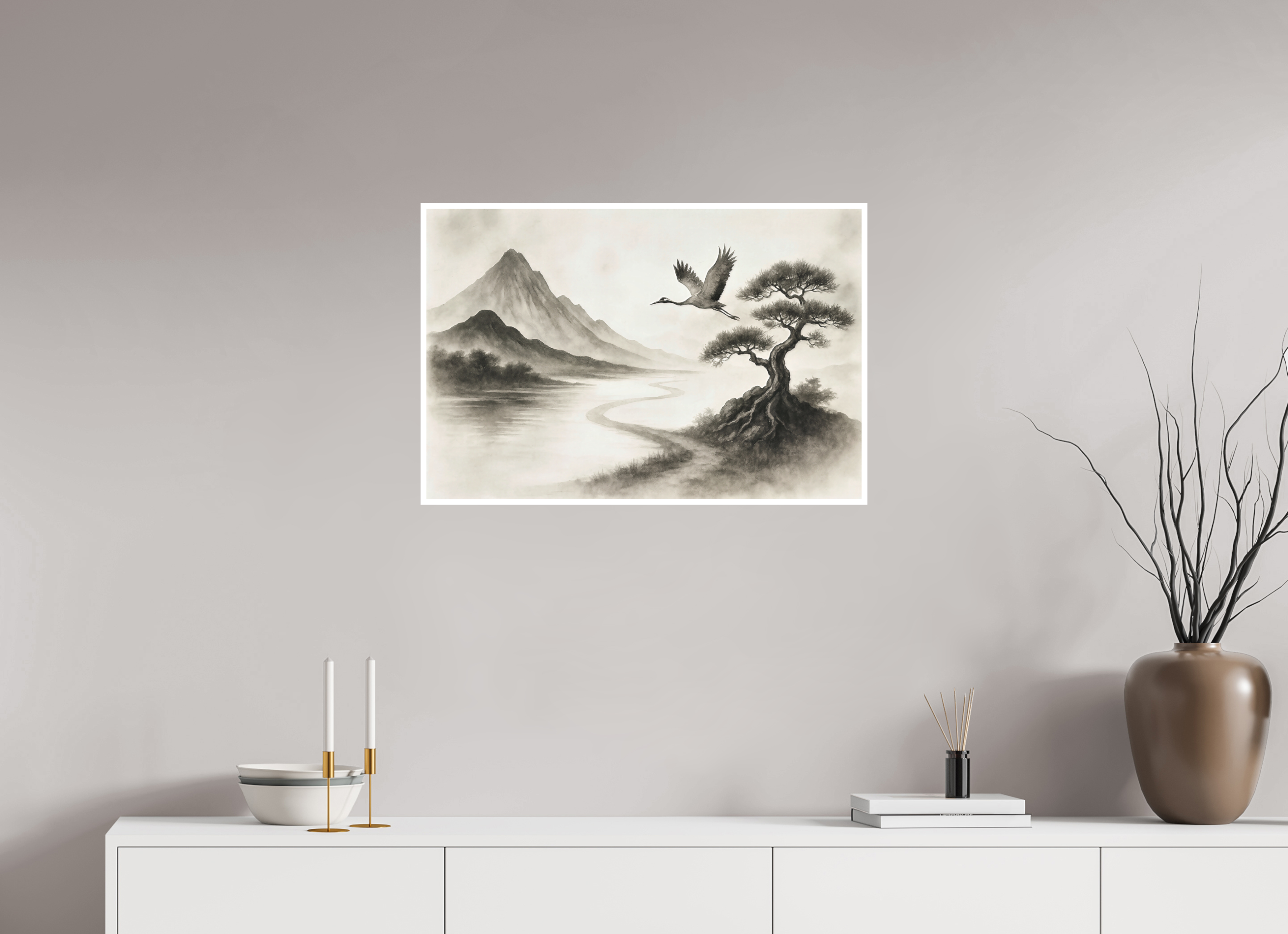 75 x 50 cm, Poster Mountain of Quiet Grace – Ink Landscape Art Print