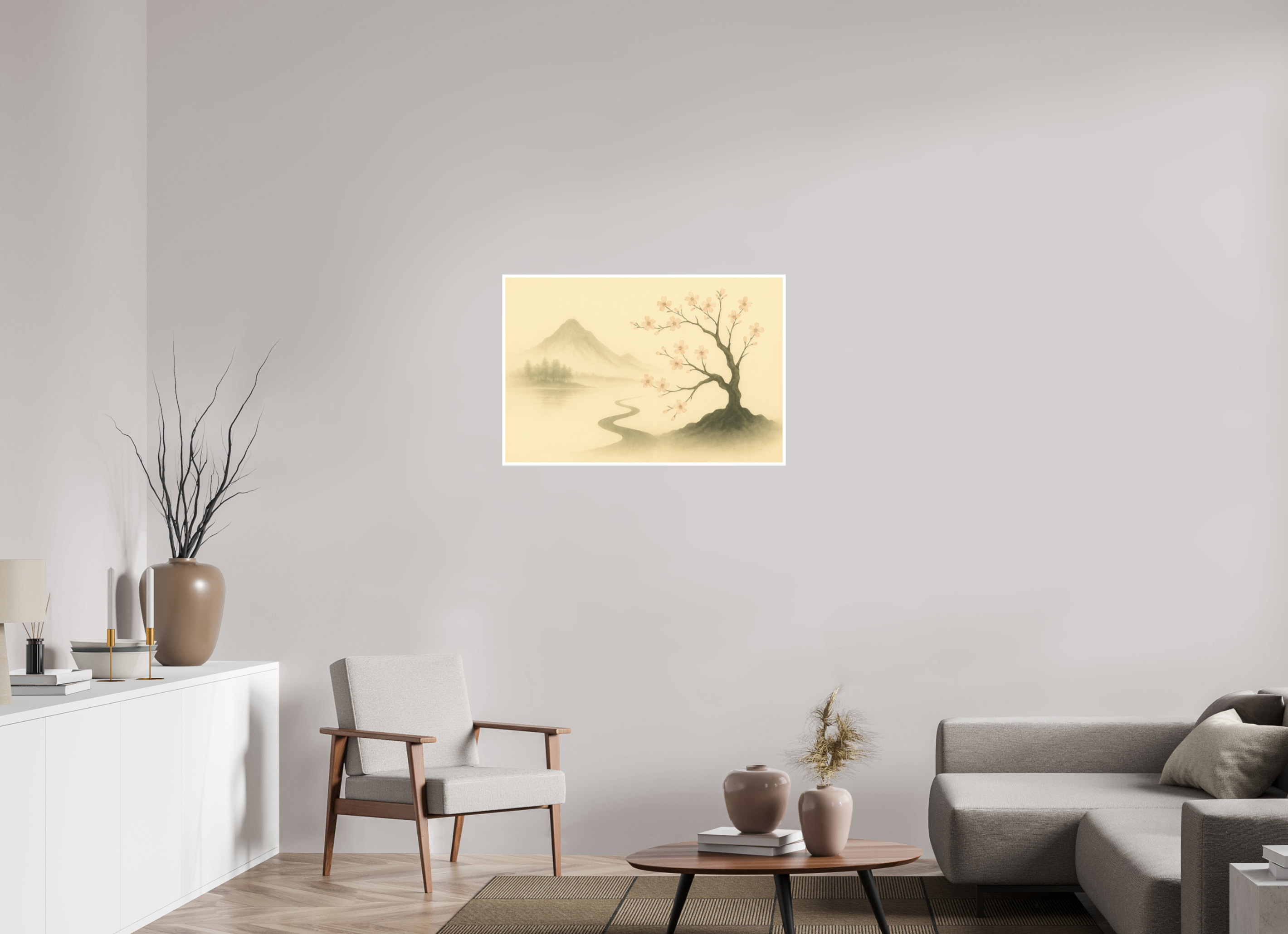 90 x 60 cm, Poster Blossom Path – Spring Light in the Mist