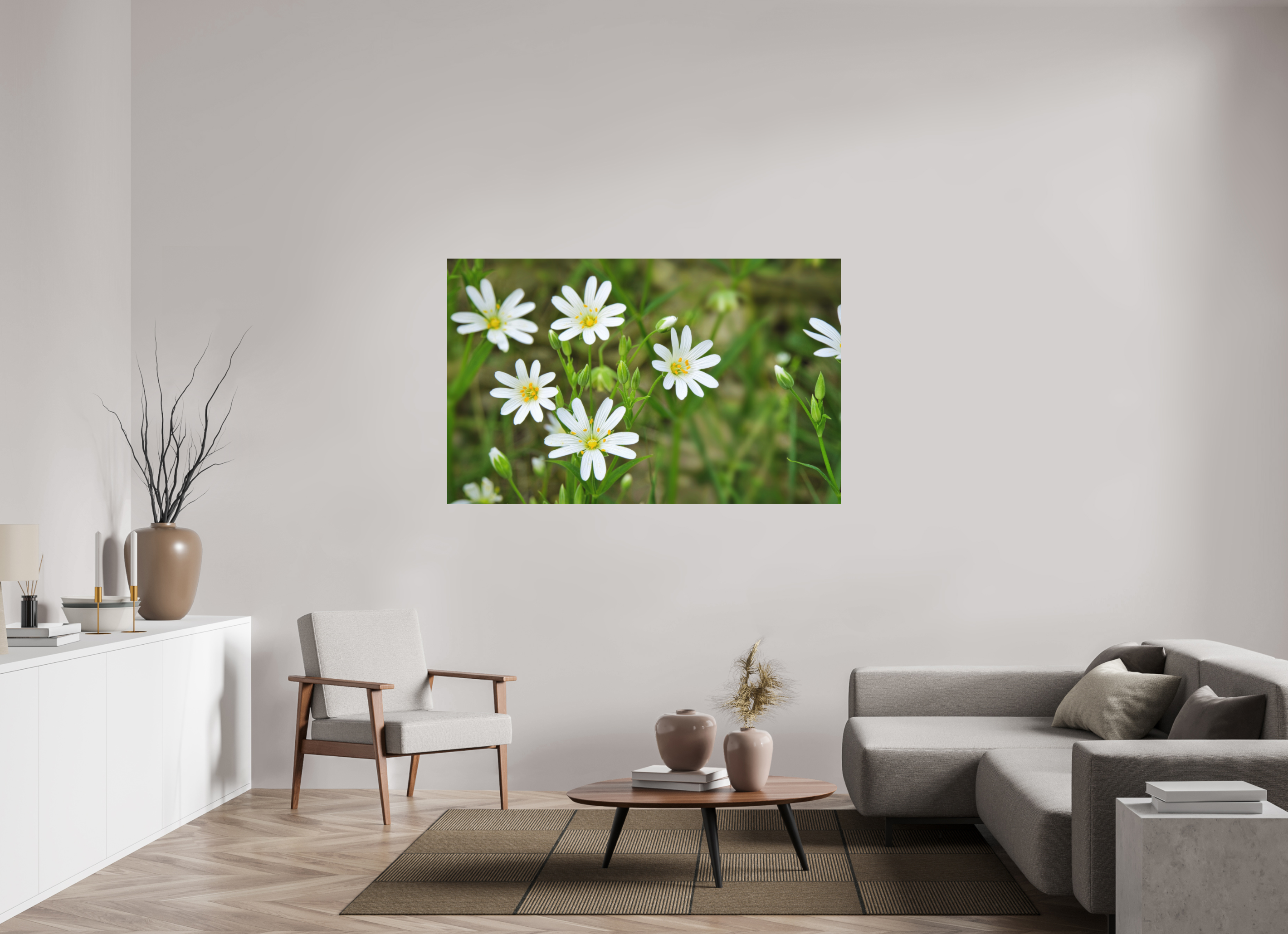 160,6 x 100 cm, Aluminum Dibond The Silence of the Stitchwort – Botanical Elegance in Soft Green