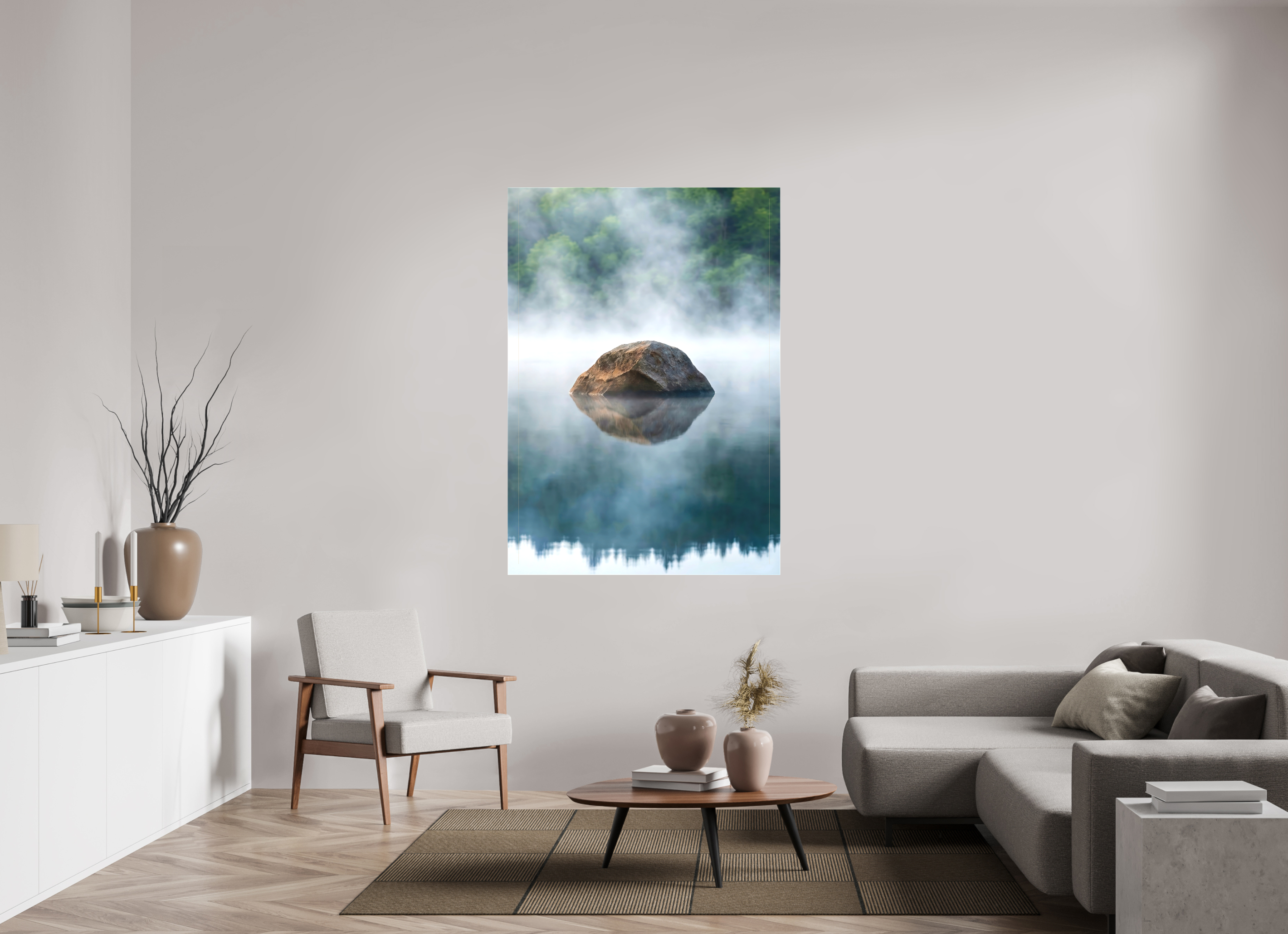 110 x 156,9 cm, Canvas Stone in the Mist – Still Waters, Quiet Strength