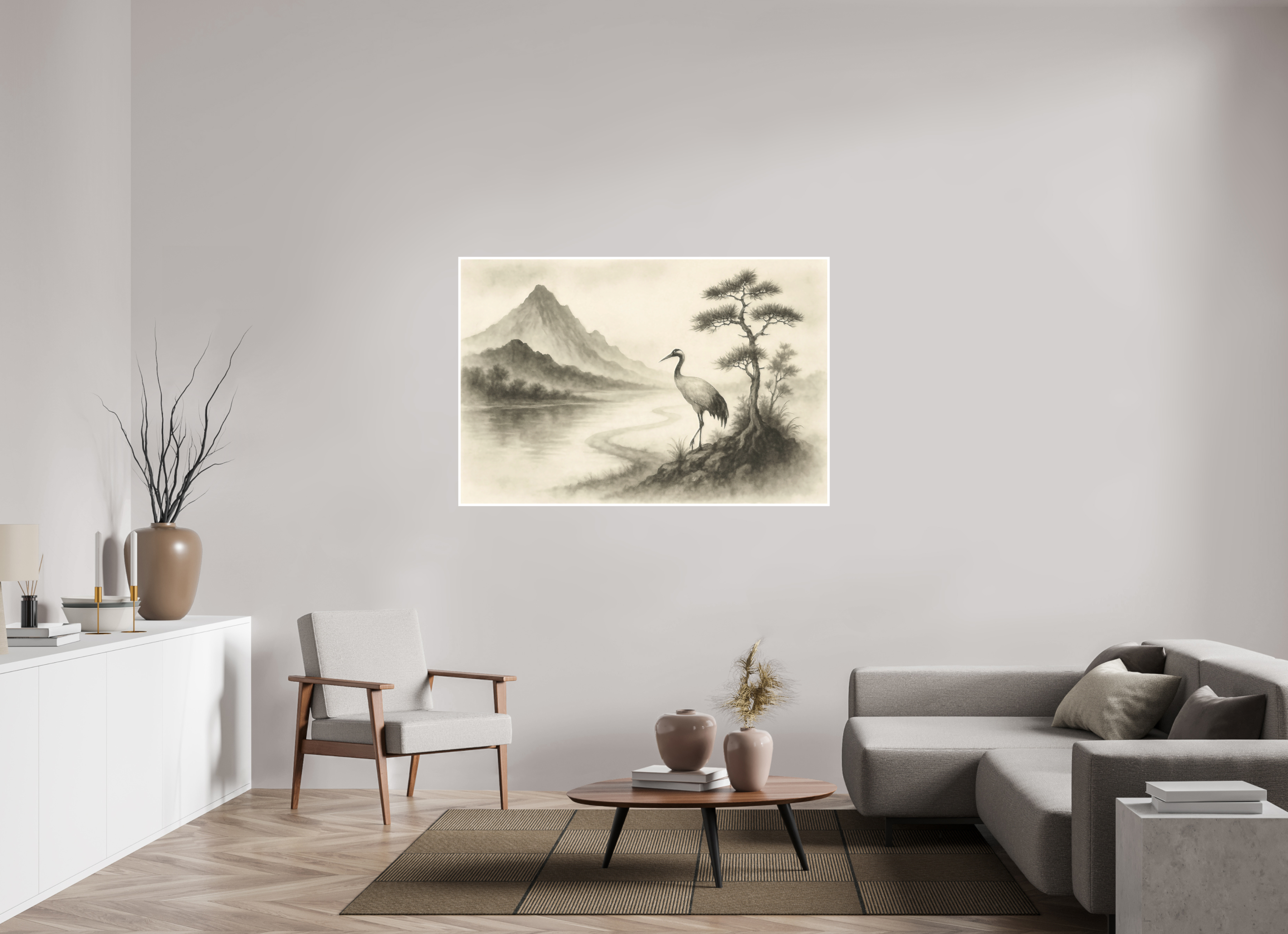 150 x 100 cm, Poster Crane by the Quiet River – Zen Ink Landscape