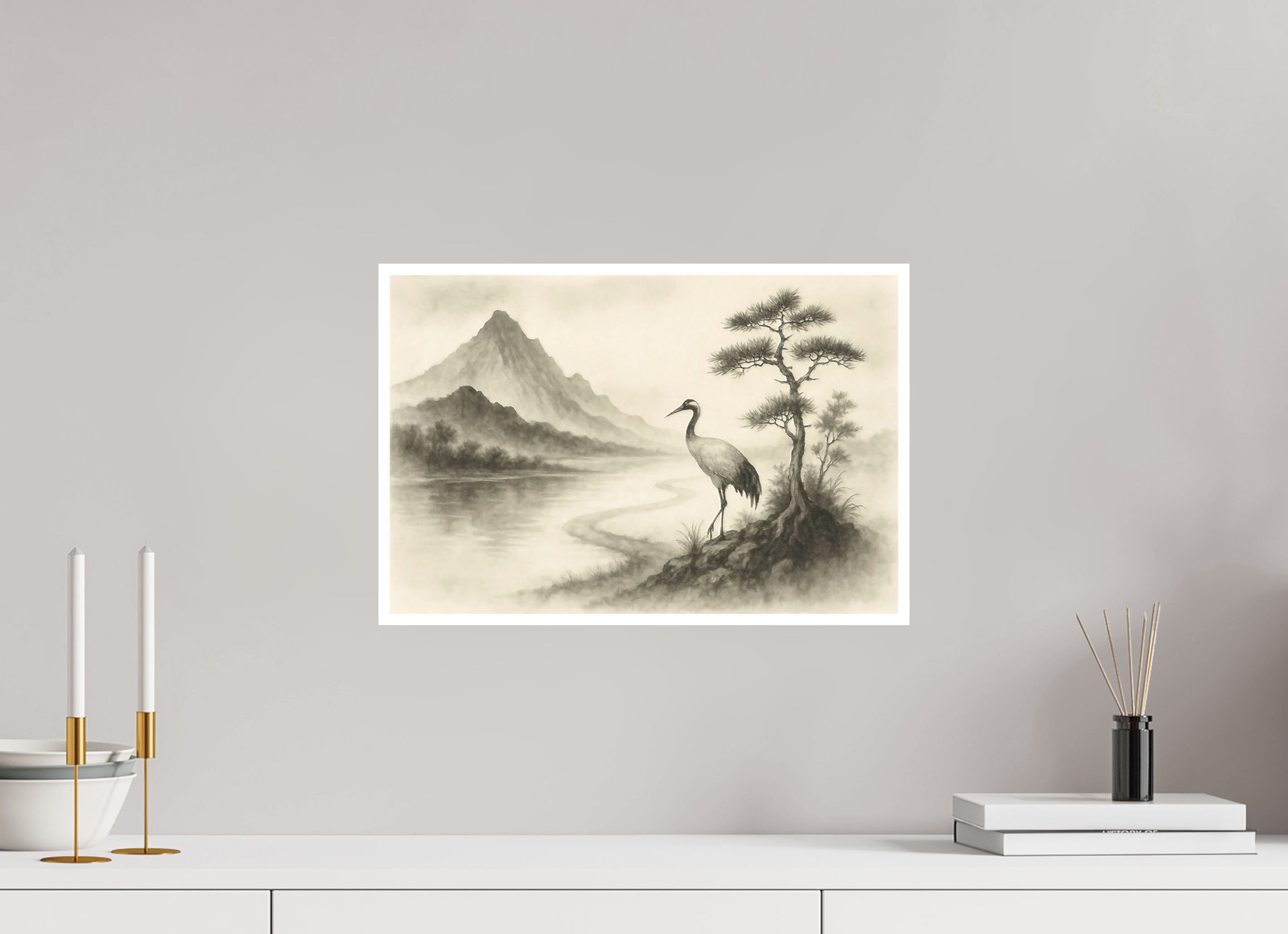 45 x 30 cm, Poster Crane by the Quiet River – Zen Ink Landscape