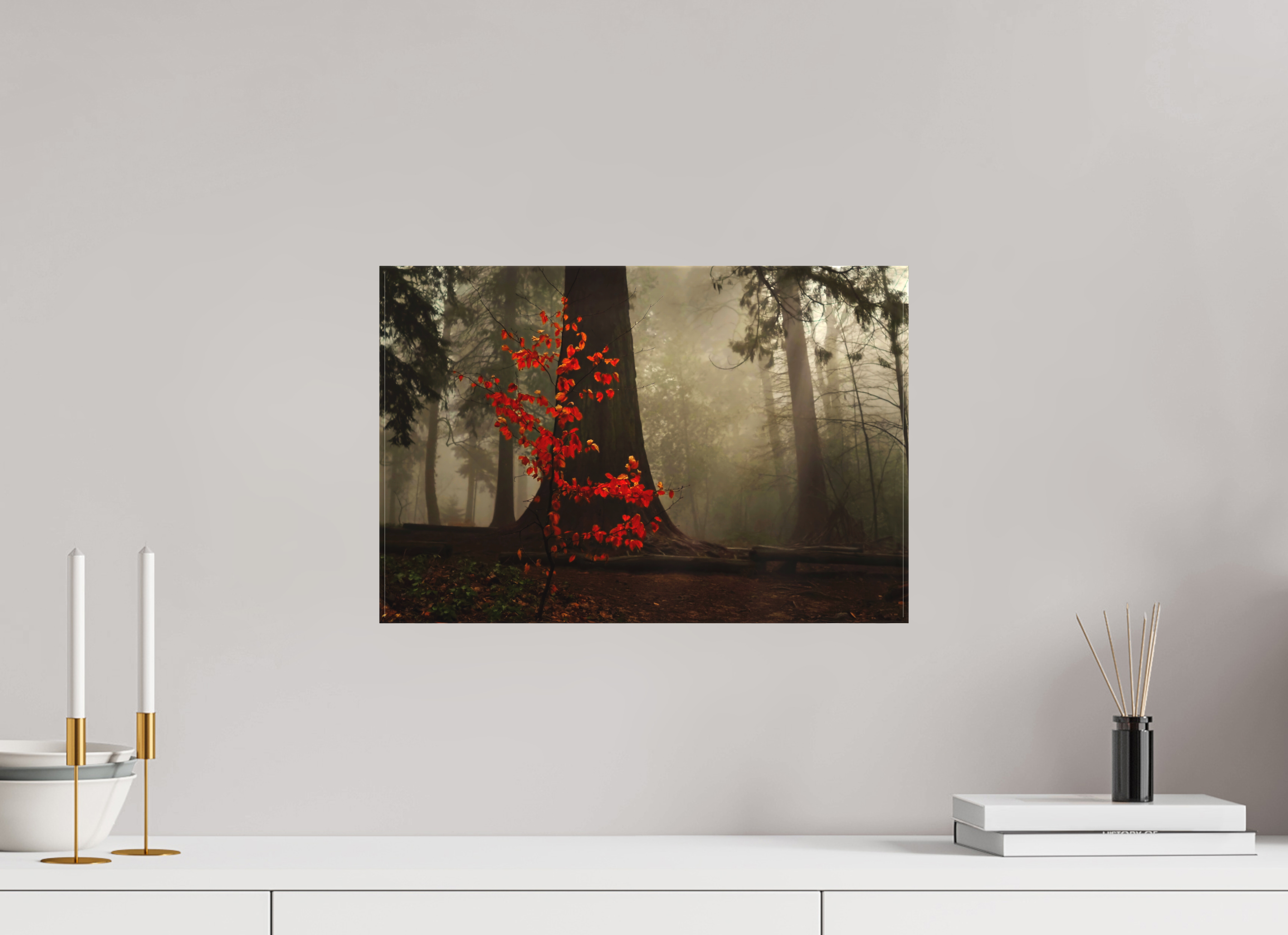45 x 30 cm, Canvas Red Tree in Mist – Atmospheric Fine Art Print