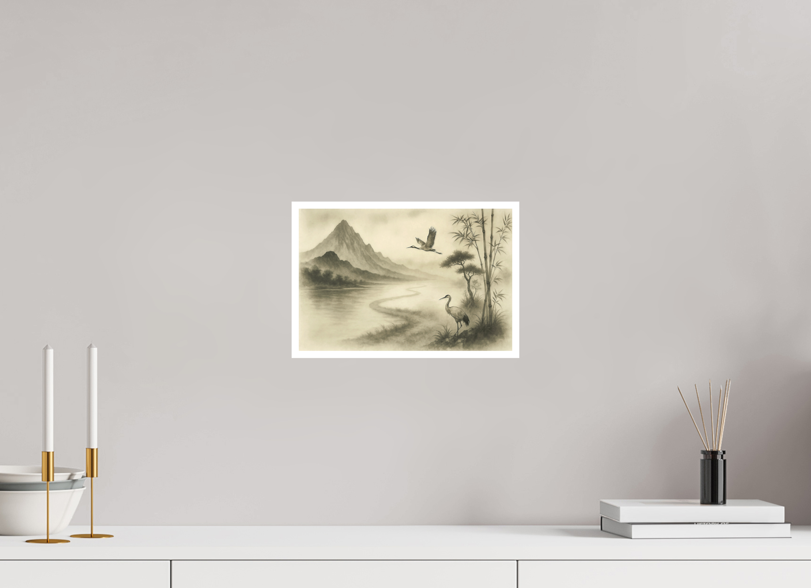 30 x 20 cm, Poster Cranes in the Mist – Zen Ink Landscape