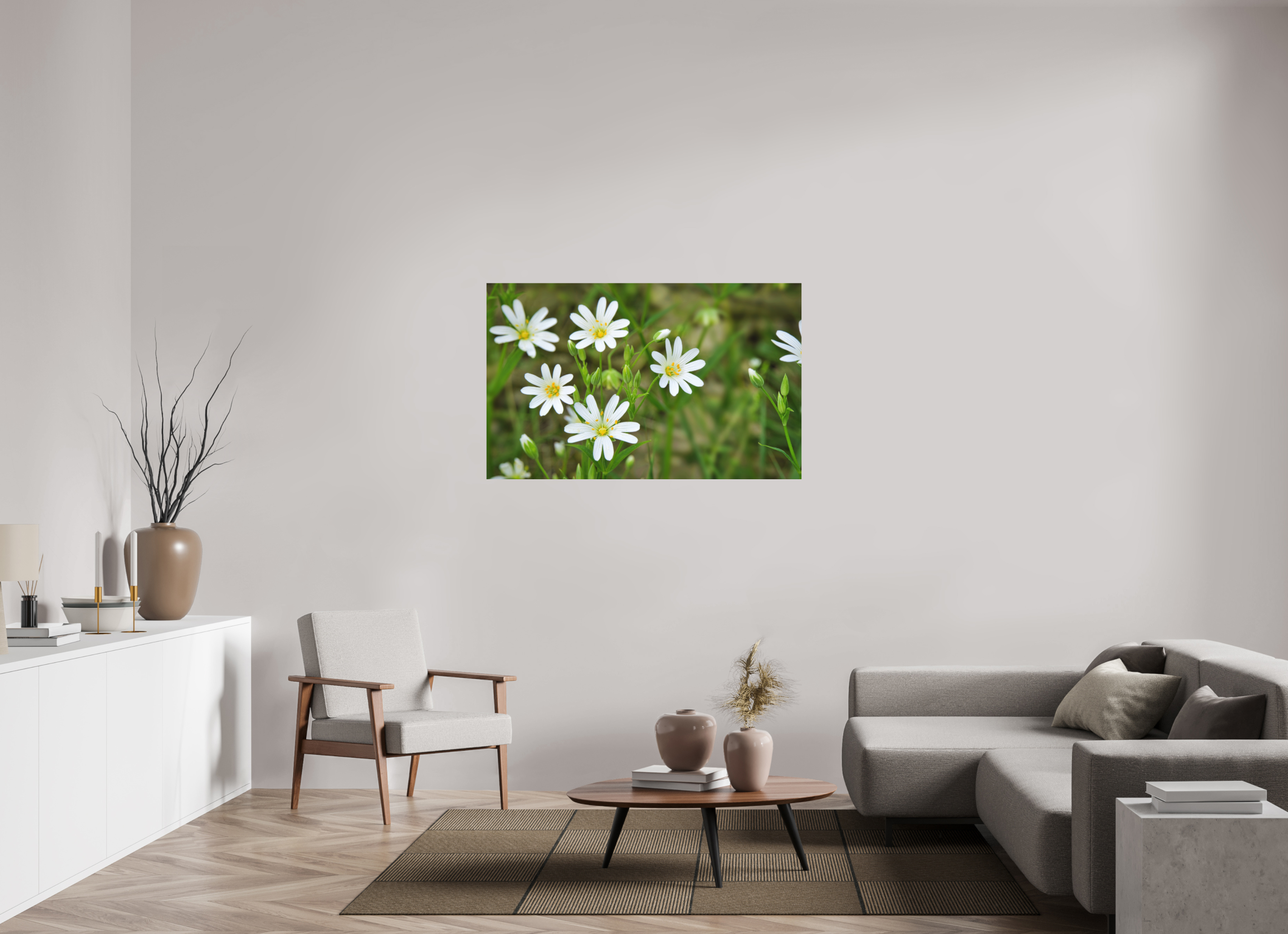 128,5 x 80 cm, Aluminum Dibond The Silence of the Stitchwort – Botanical Elegance in Soft Green
