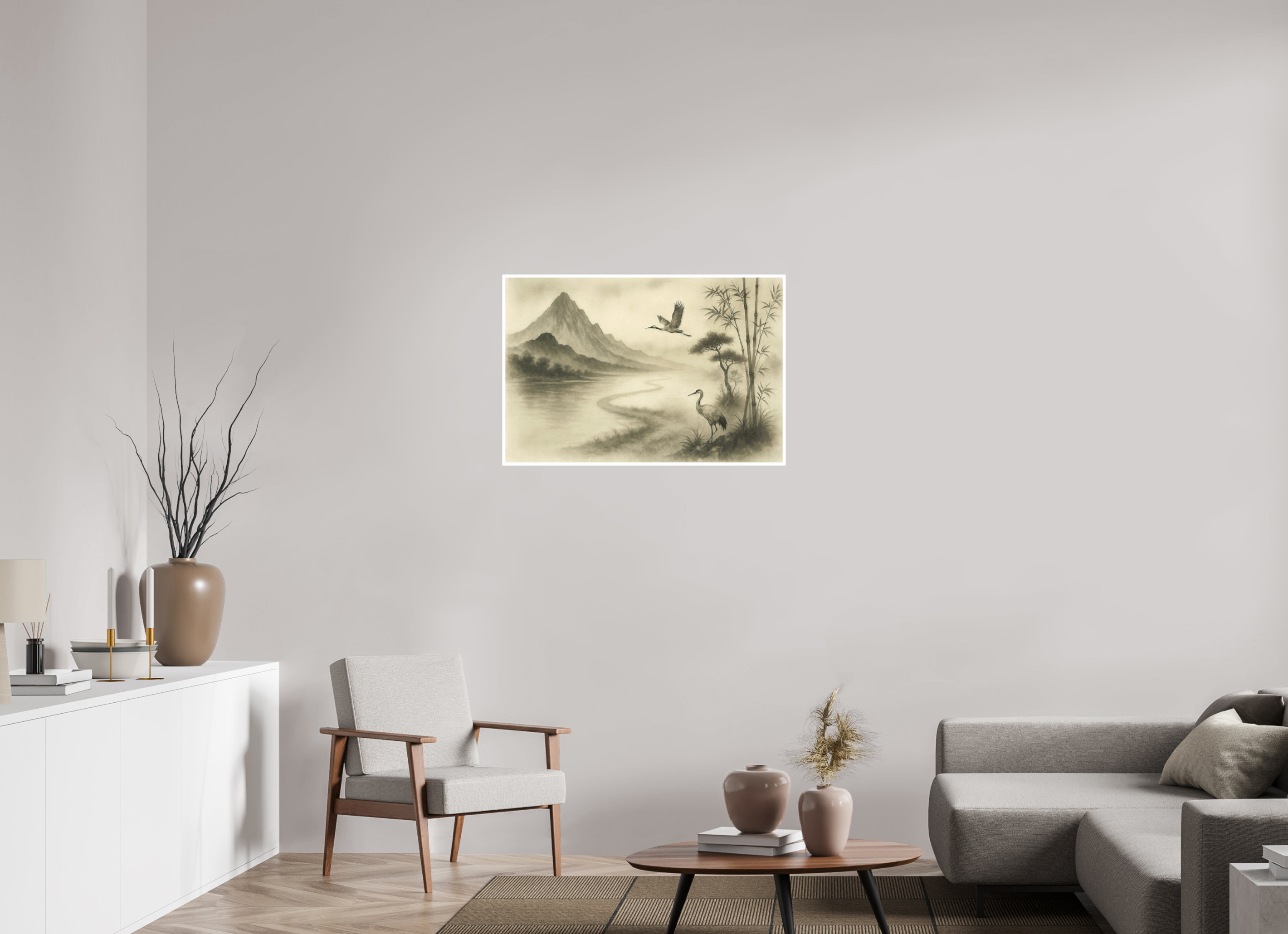 90 x 60 cm, Poster Cranes in the Mist – Zen Ink Landscape