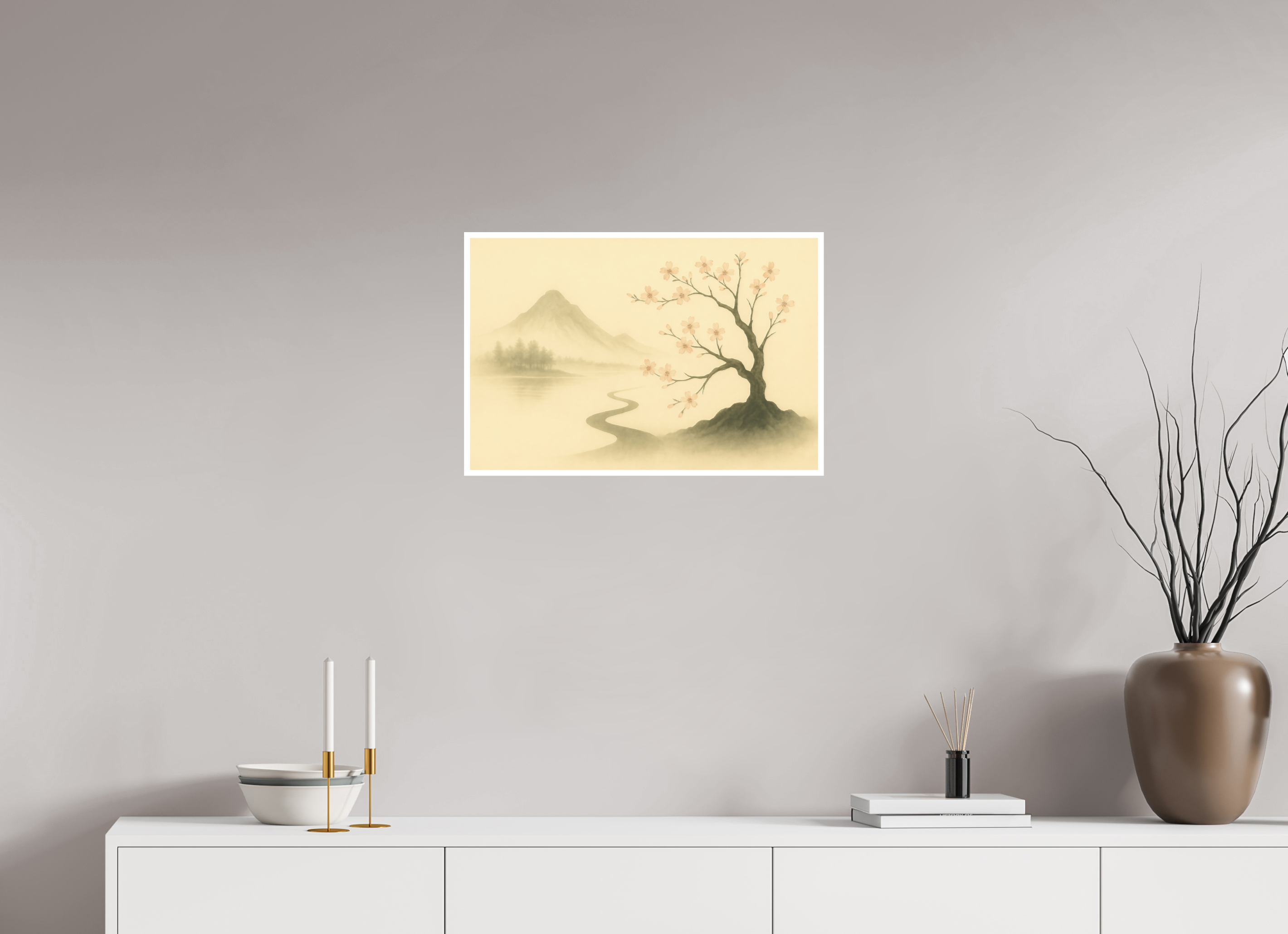 60 x 40 cm, Poster Blossom Path – Spring Light in the Mist